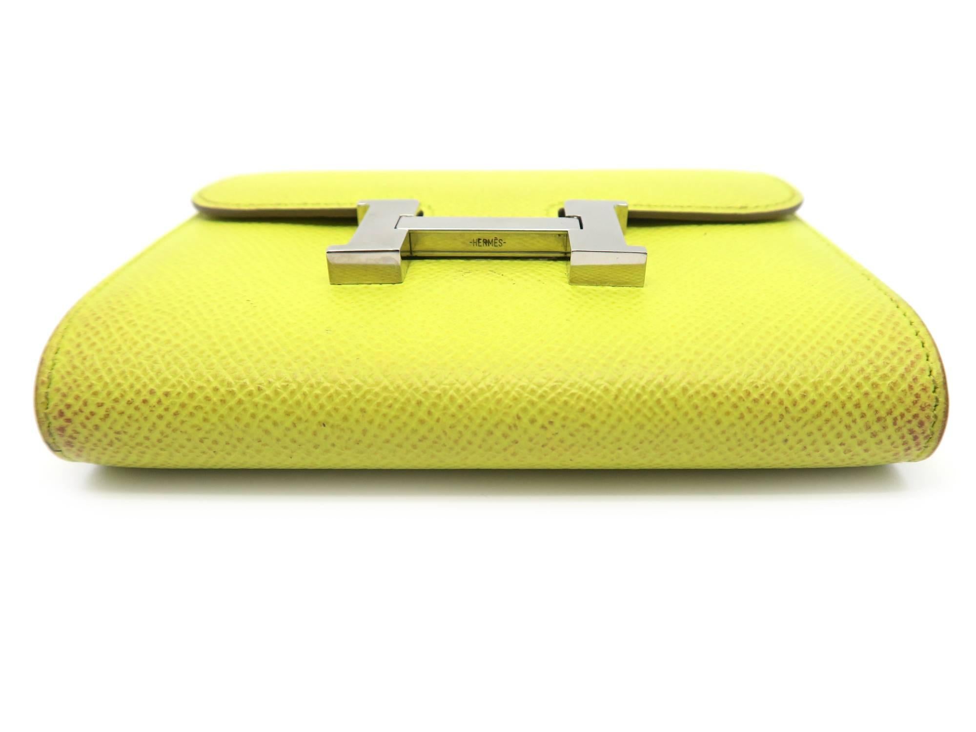 Women's Hermes Constace Lime Yellow Epsom Leather Silver Metal Short Wallet