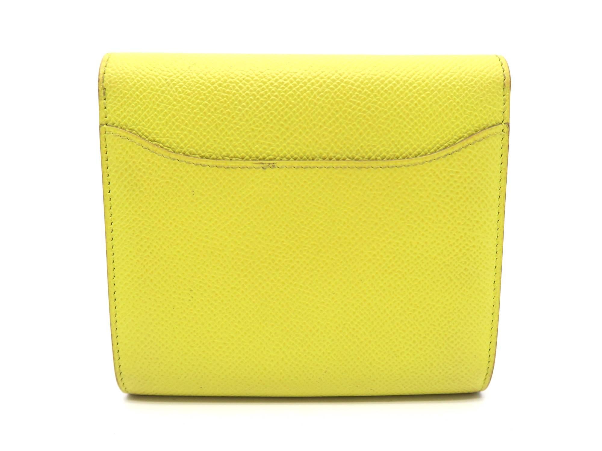 Hermes Constace Lime Yellow Epsom Leather Silver Metal Short Wallet In Fair Condition In Kowloon, HK