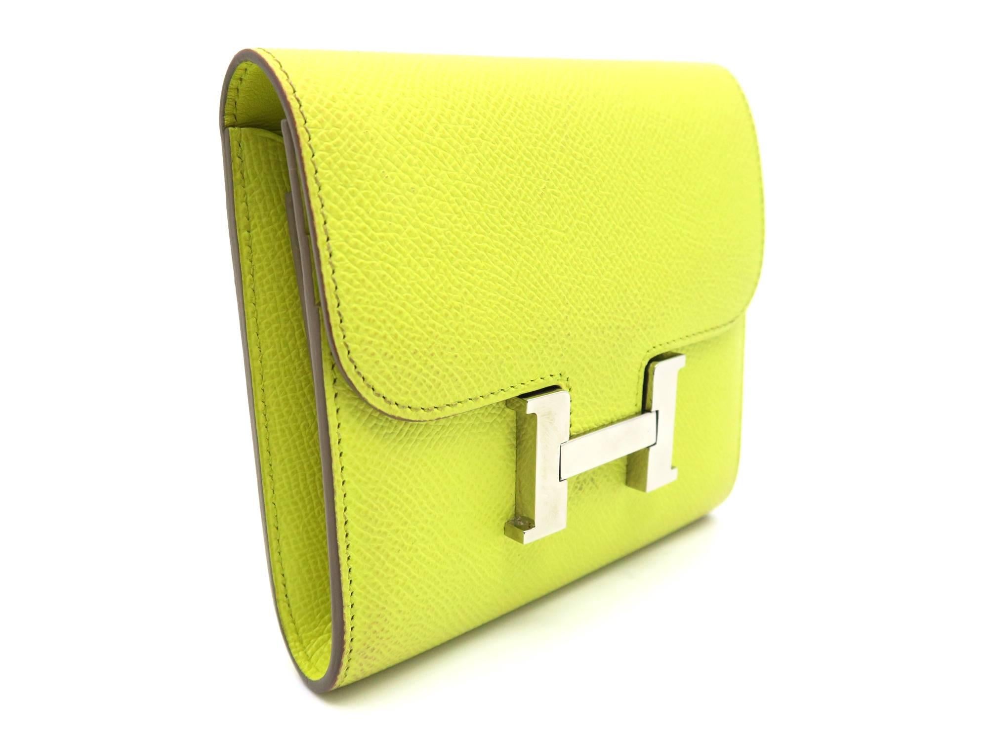 Color: Yellow / Lime (designer color)

Material: Epsom Leather 

Condition: Rank C
Overall: Fair. Few defects
Surface: Obvious Stains
Corners: Minor Stains
Edges: Good
Handles/Straps: -
Hardware: Minor Scratches

Dimension: W13 × H11.5 ×