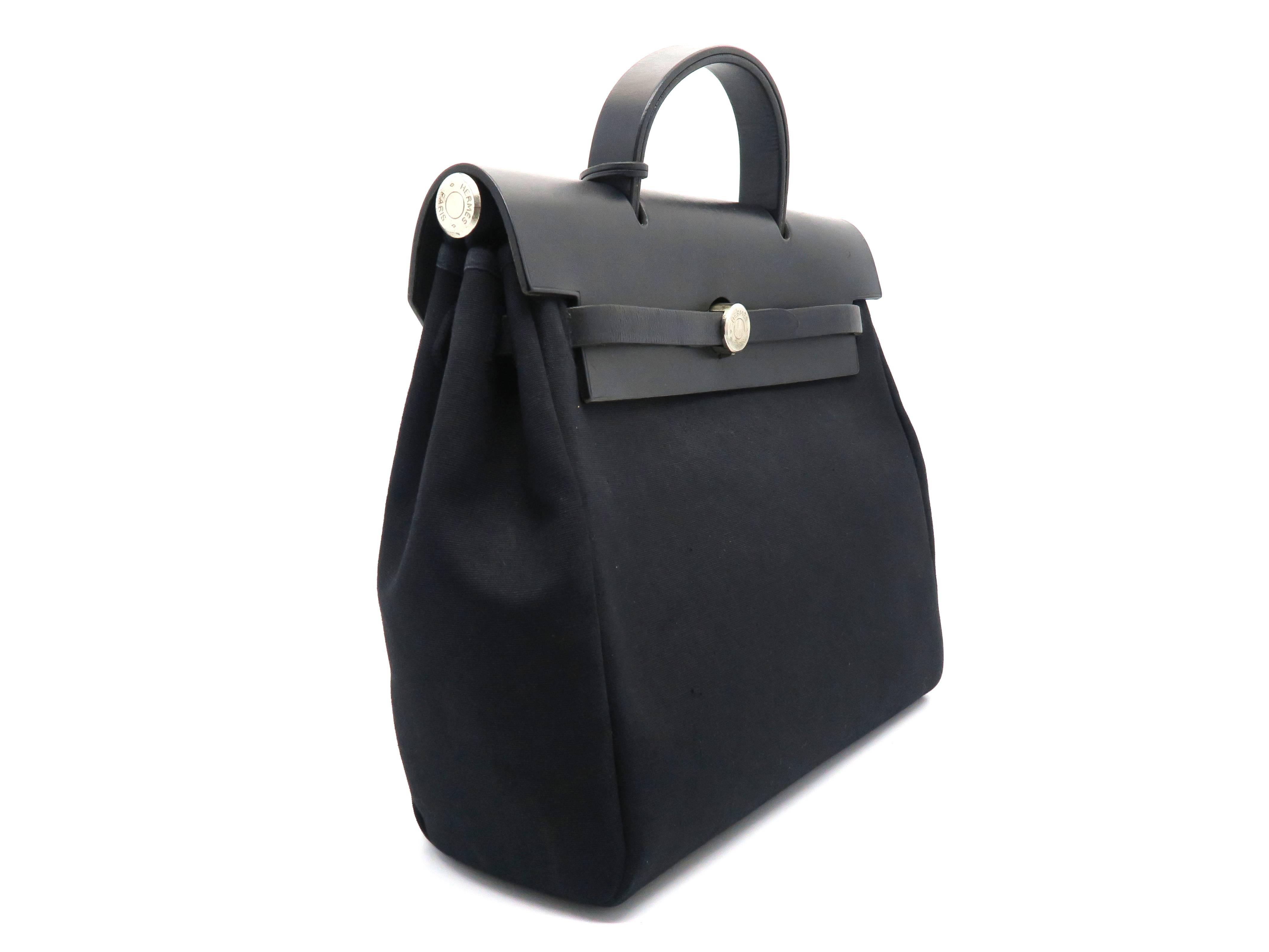 Hermes Herbag Sac A Dos Noir Black Canvas Top Handle Bag In Good Condition In Kowloon, HK