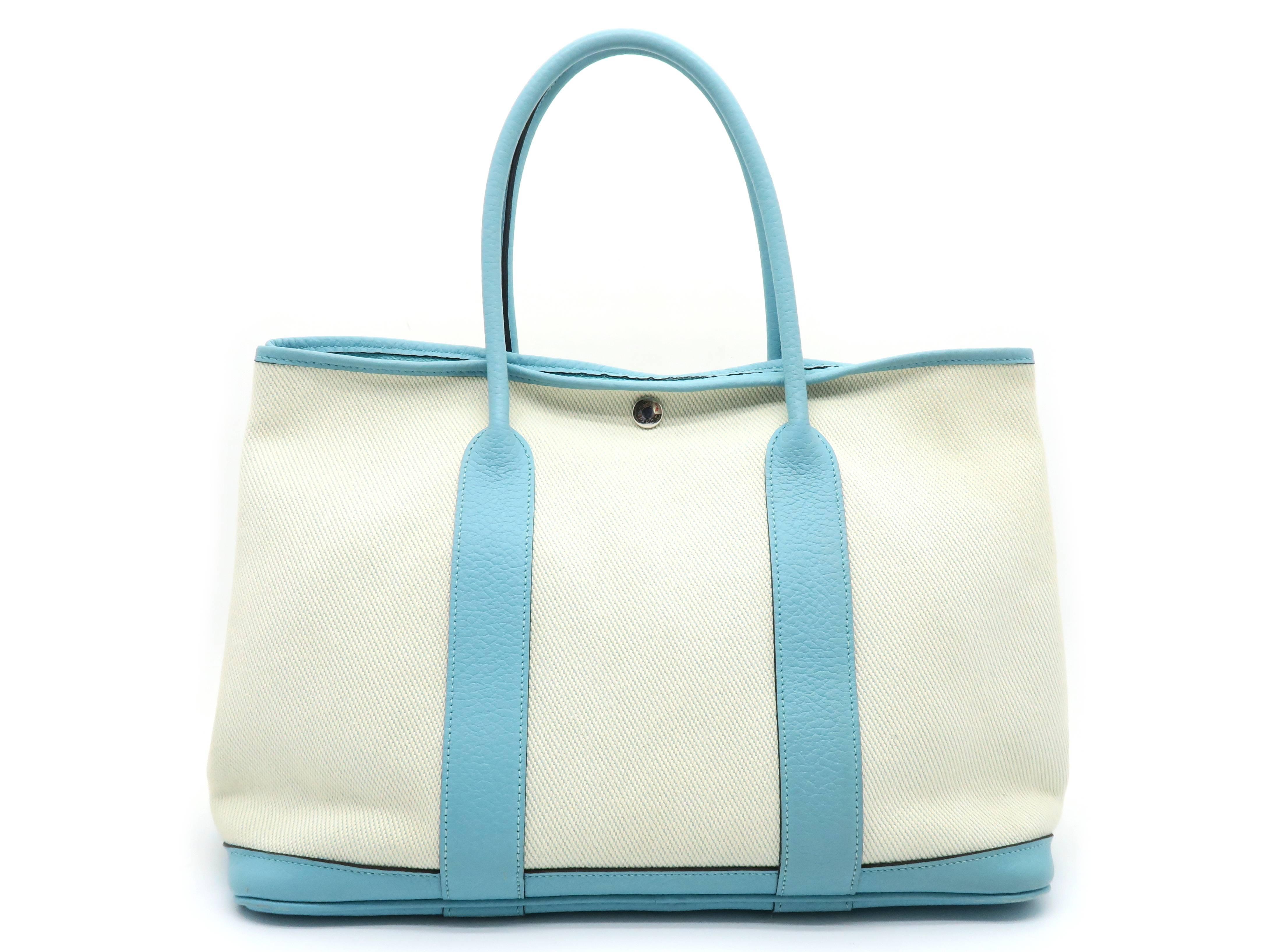 Gray Hermes Garden Party PM Ecru Bleu Paon Beige and Blue Canvas Tote Bag