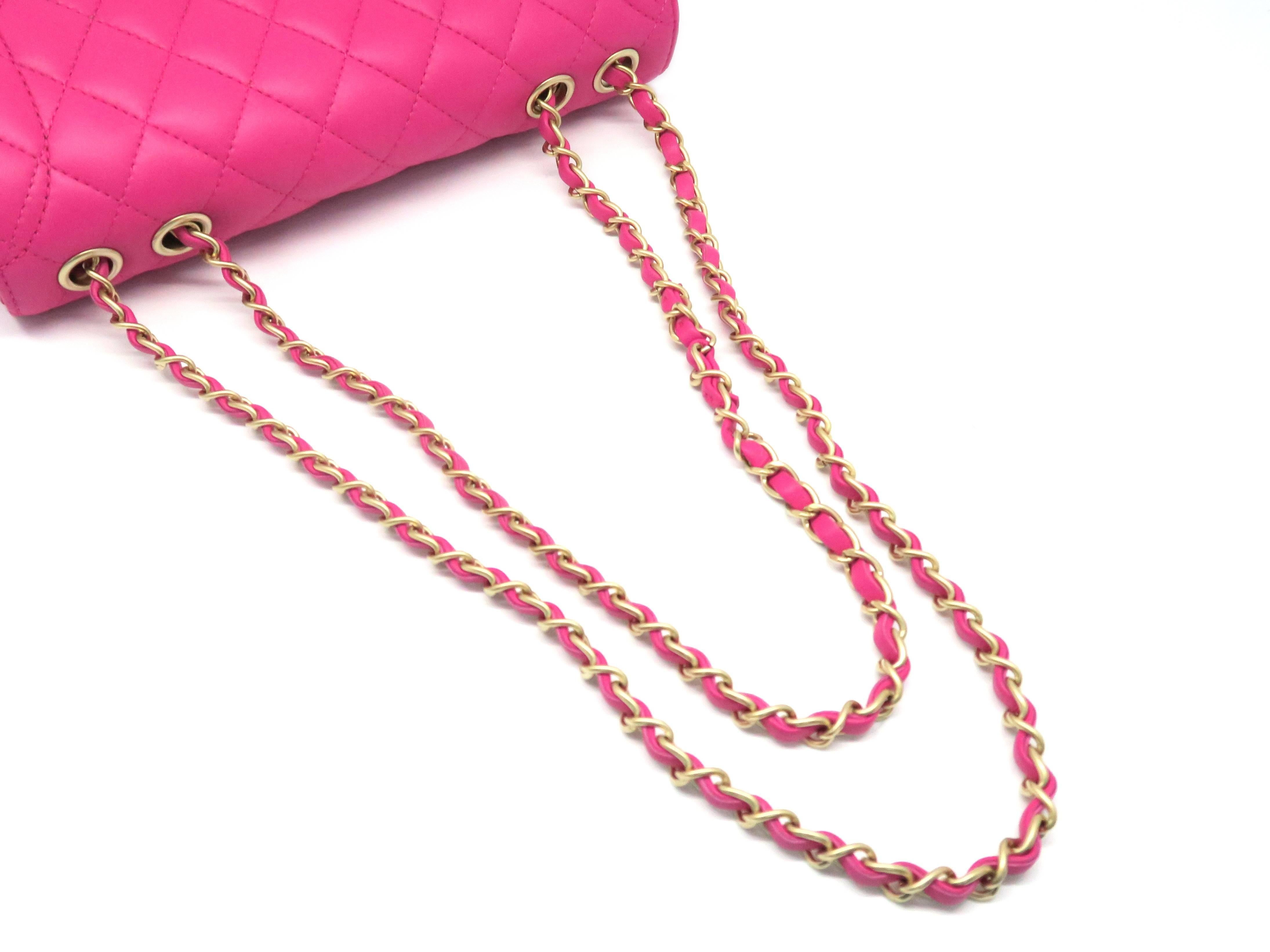 Chanel Fuchsia Quilted Lambskin Leather Gold Metal Chain Shoulder Flap Bag 2