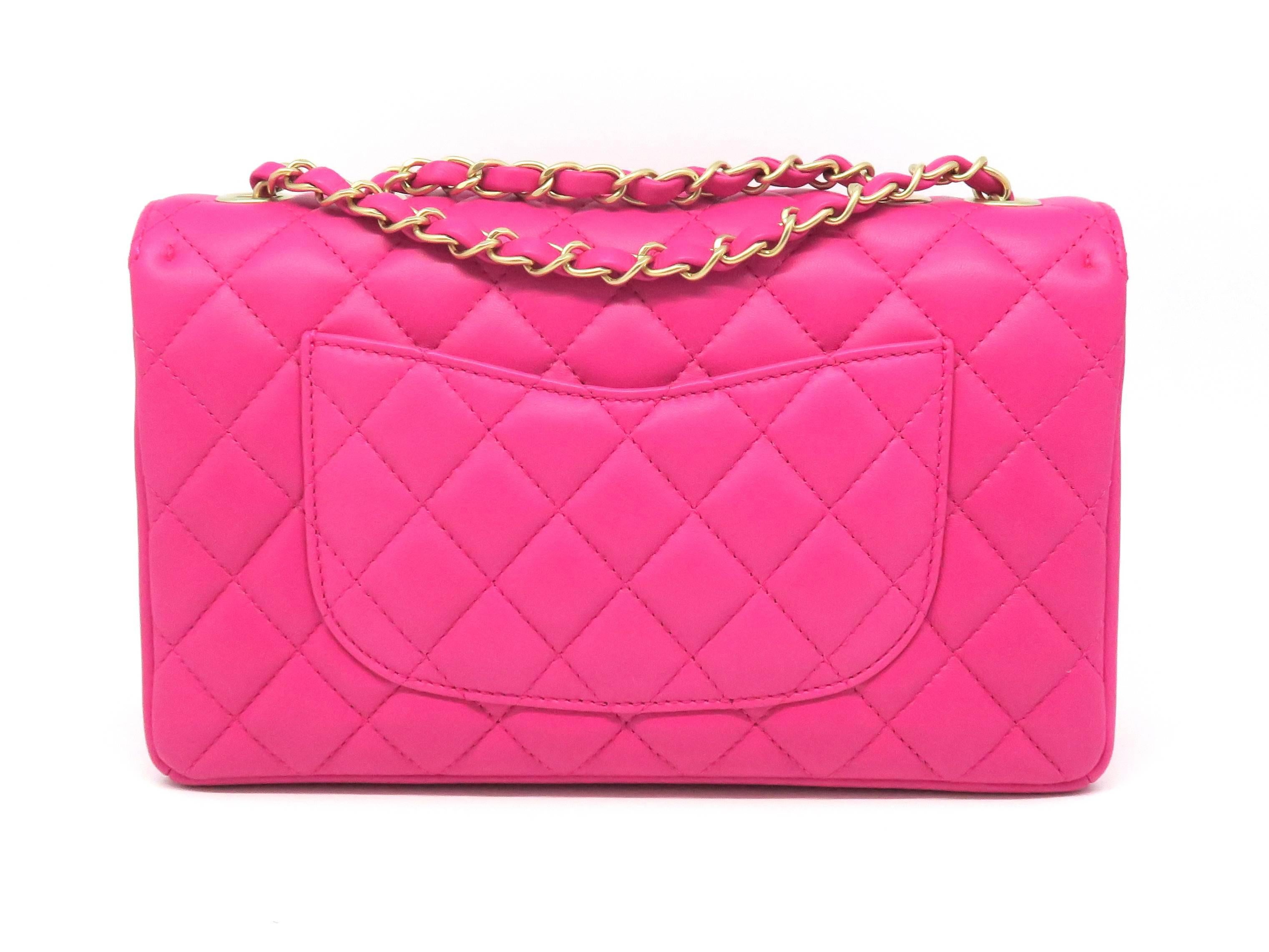 Pink Chanel Fuchsia Quilted Lambskin Leather Gold Metal Chain Shoulder Flap Bag