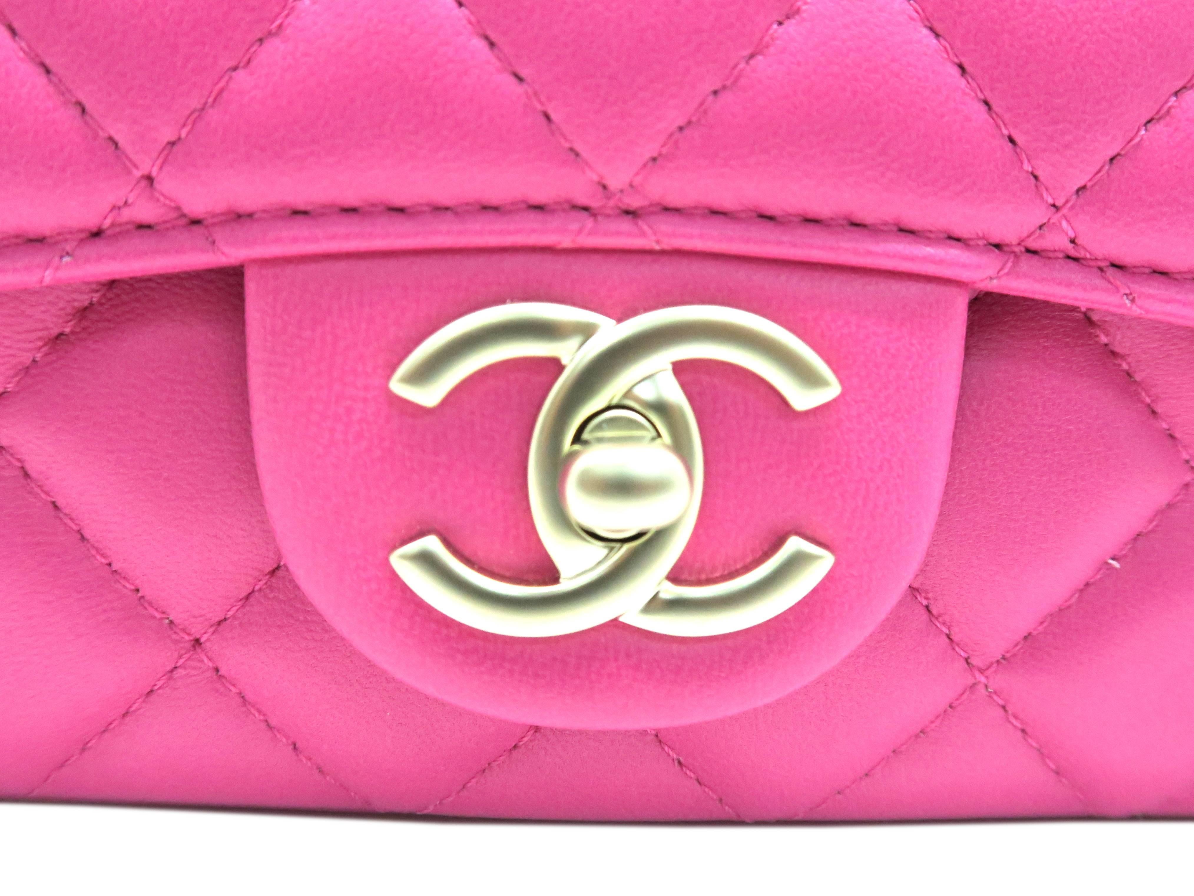Chanel Fuchsia Quilted Lambskin Leather Gold Metal Chain Shoulder Flap Bag 1