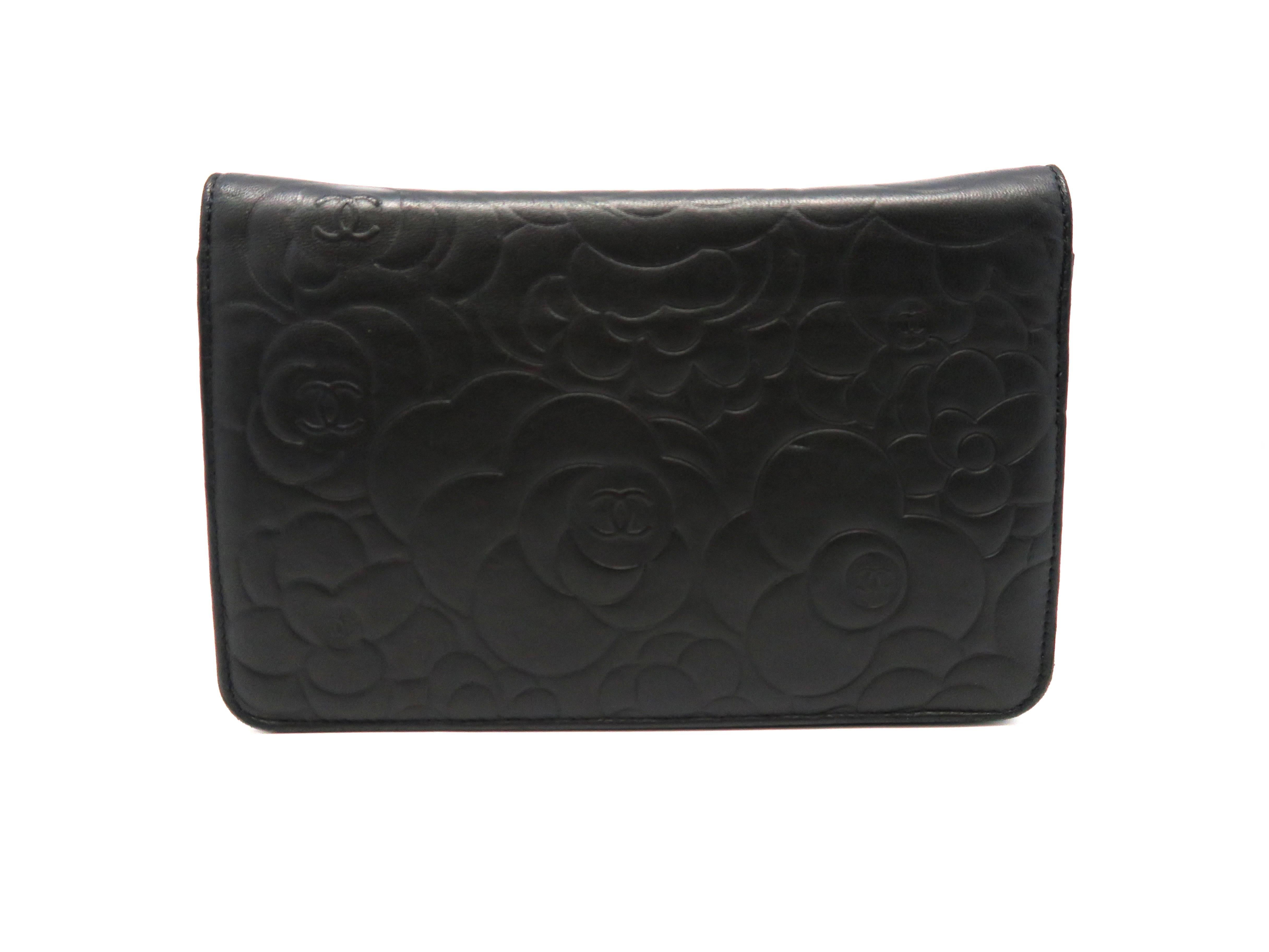 Women's Chanel Camellia Embossed Wallet On Chain Black Lambskin Leather Flap Bag For Sale