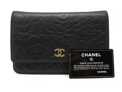 Chanel Camellia Embossed Wallet On Chain Black Lambskin Leather Flap Bag