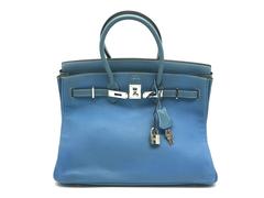 Hermes Birkin 35 Bleu Jean Blue Togo Leather Silver Metal Top Handle Bag