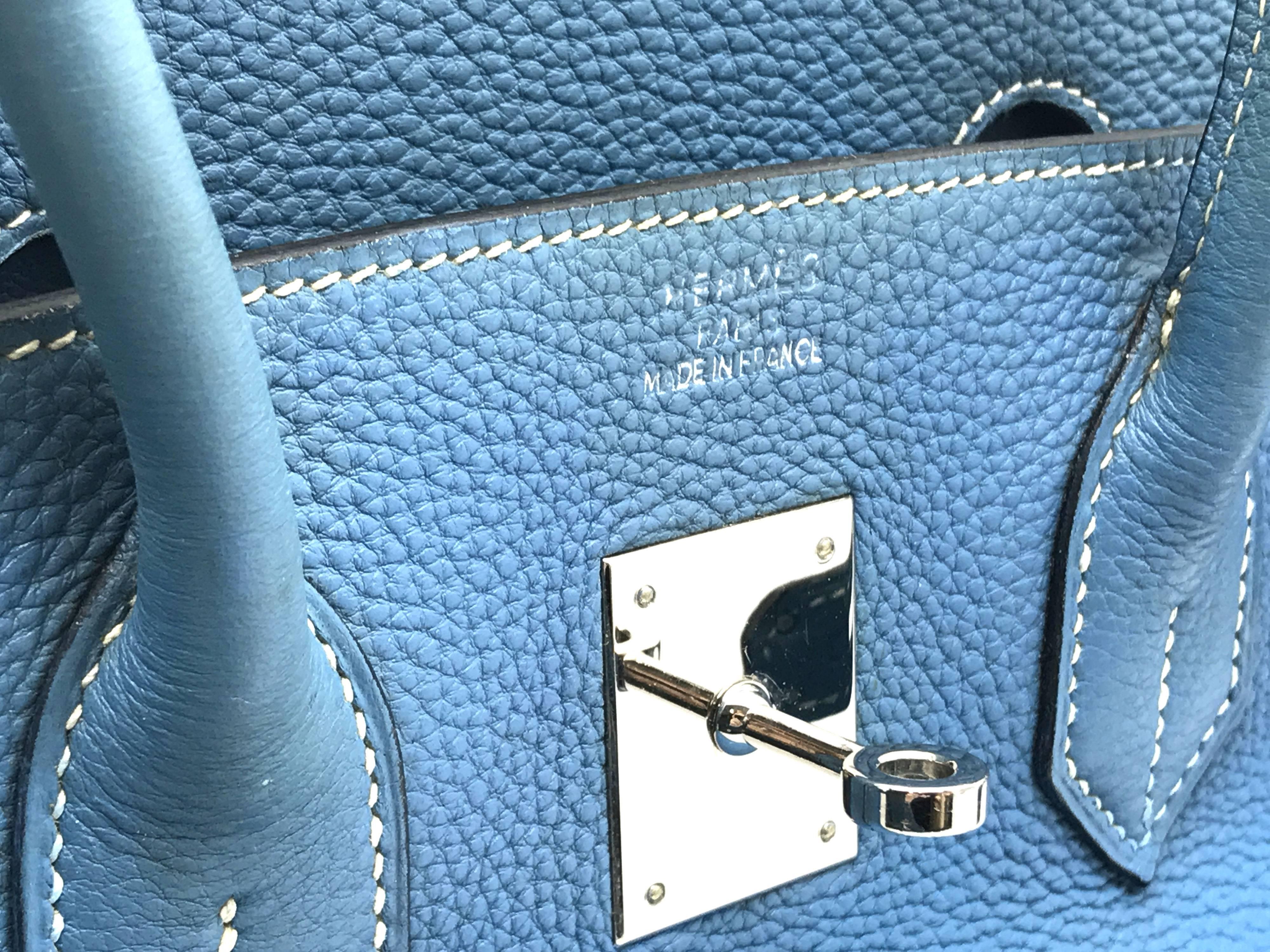 Hermes Birkin 35 Bleu Jean Blue Togo Leather Silver Metal Top Handle Bag For Sale 3