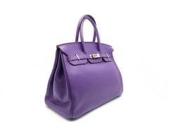 Hermes Birkin 35 Ultraviolet Purple Clemence Leather Silver Metal Top Handle Bag