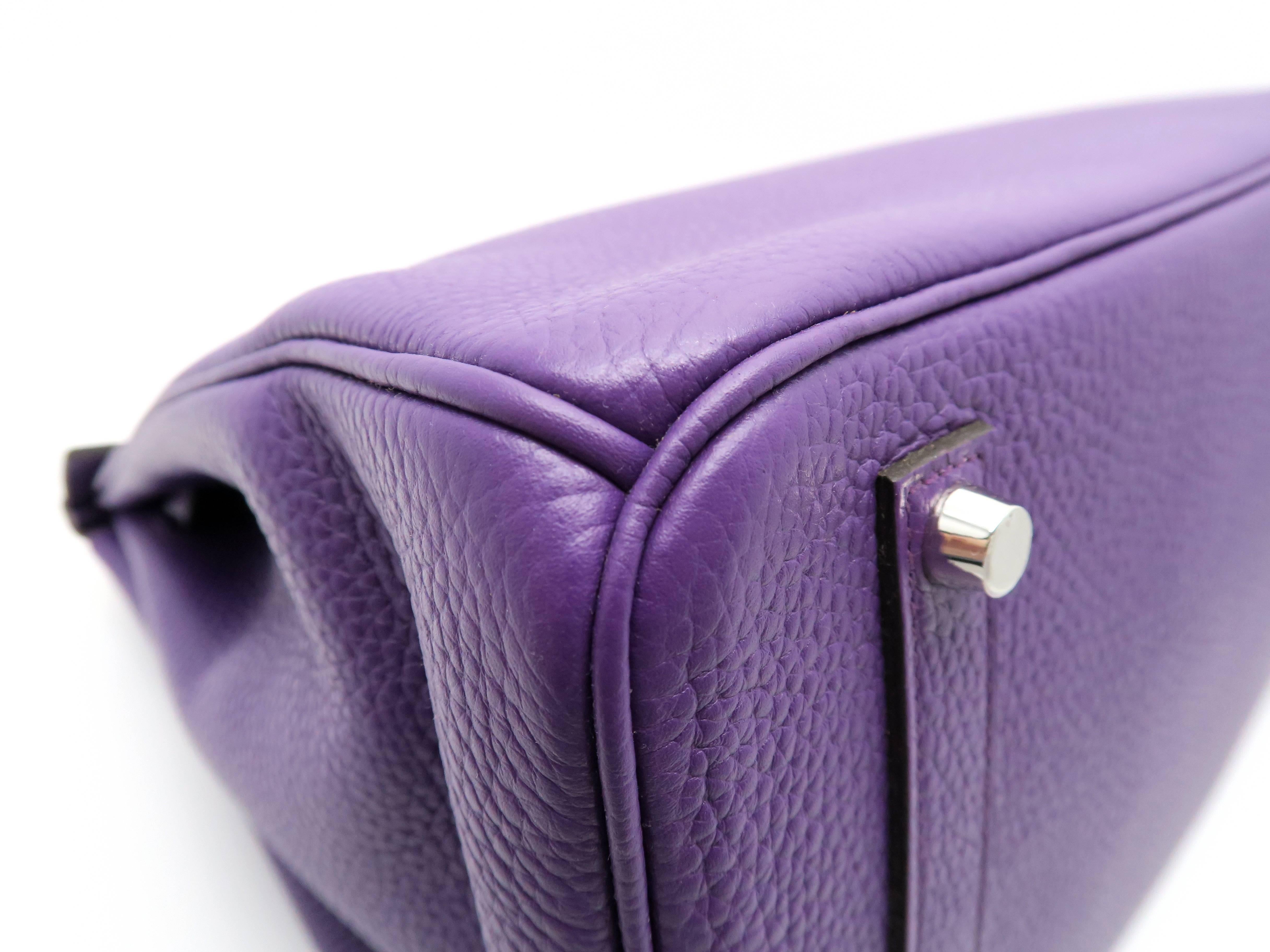 Hermes Birkin 35 Ultraviolet Purple Clemence Leather Silver Metal Top Handle Bag For Sale 6