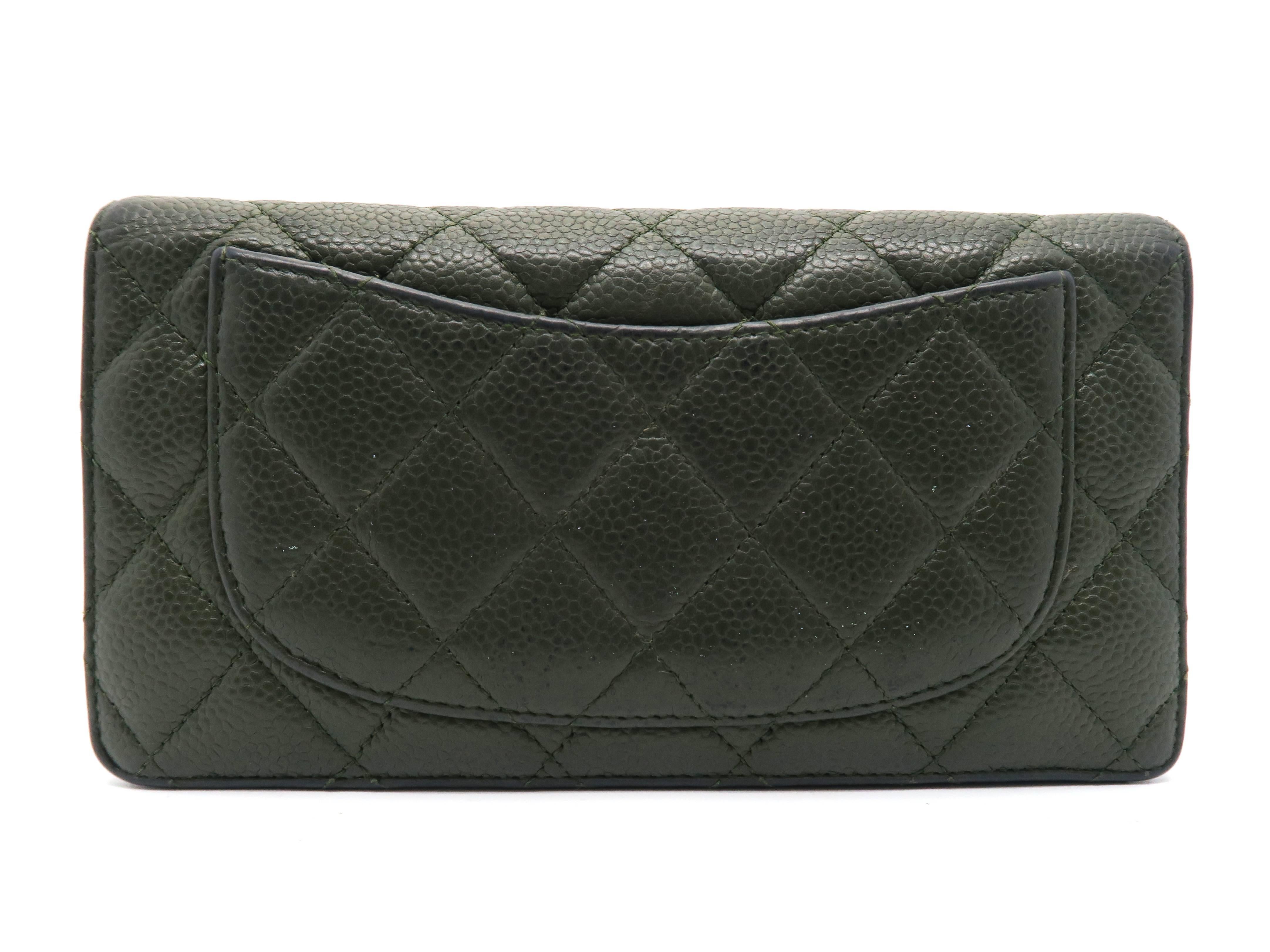 Black Chanel Green Quilted Caviar Leather Long Wallet