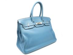 Hermes Birkin 35 Bleu Jean Blue Clemence Leather Silver Metal Top Handle Bag