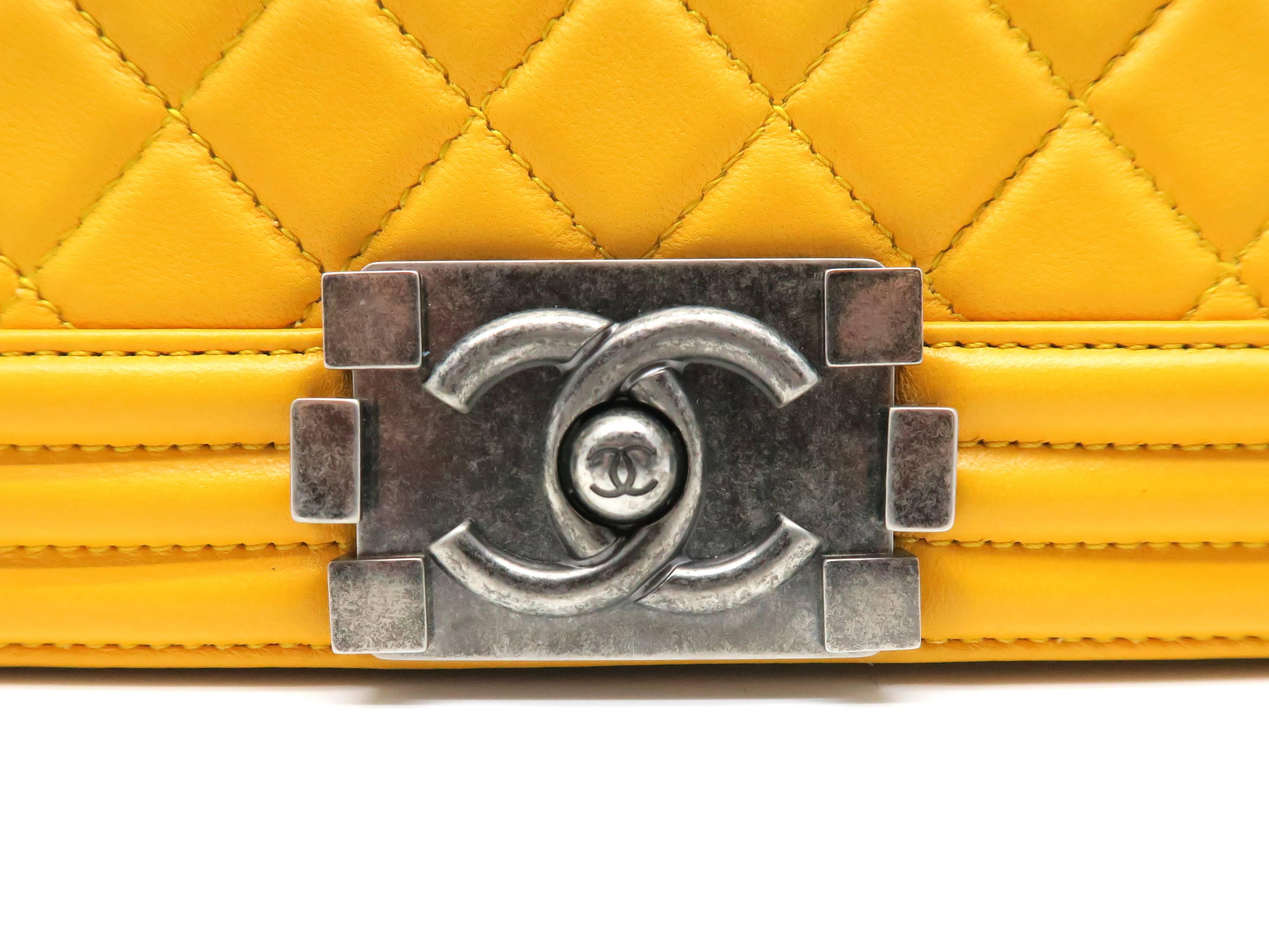 Chanel Boy Flap Yellow Quilted Calfskin Leather Silver Metal Chain Shoulder Bag 4