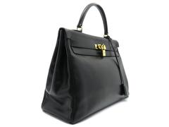 Hermes Vintage Kelly 35 Noir Black Box Calf Leather Gold Metal Top Handle Bag