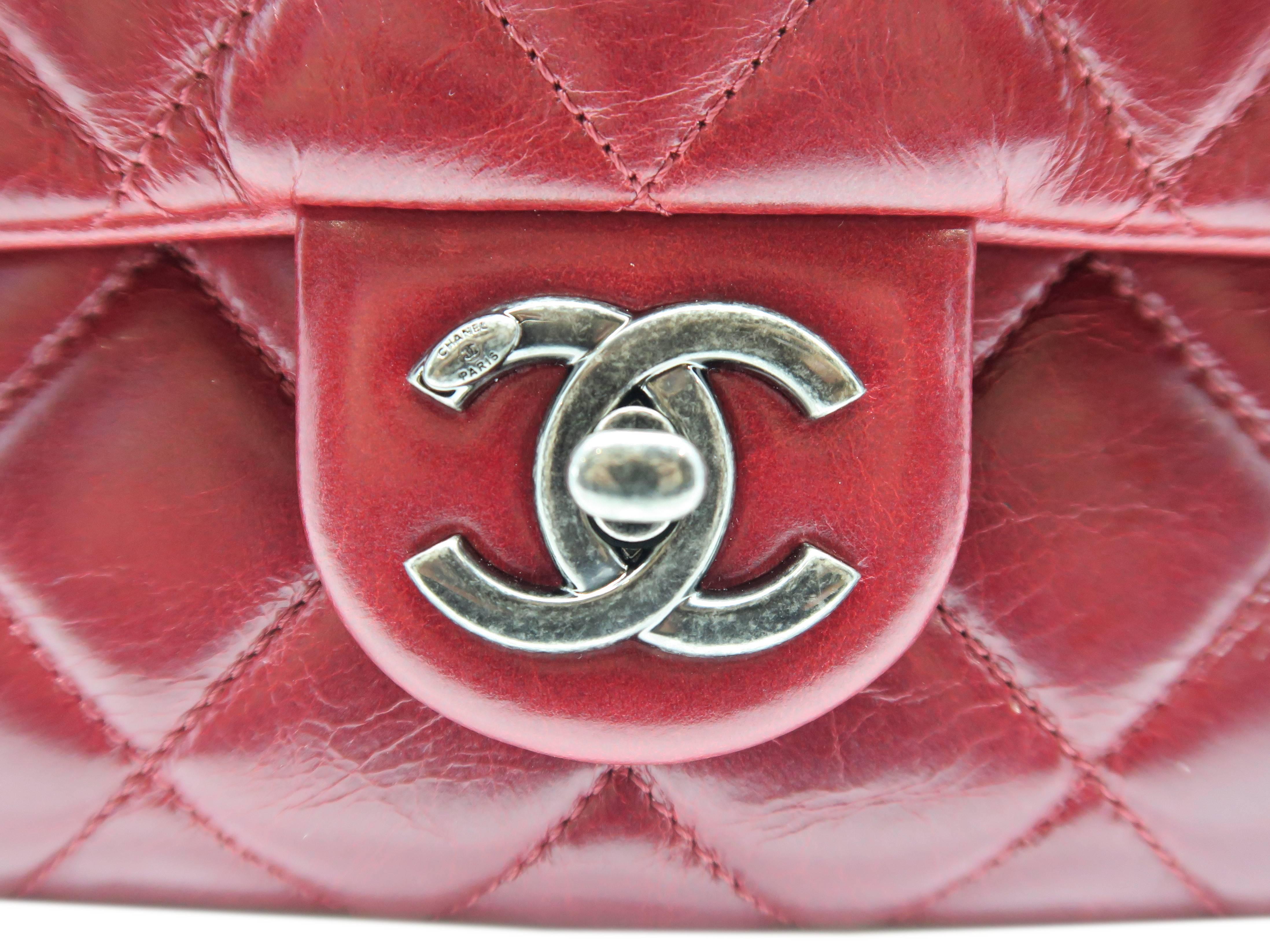 Women's Chanel Red Quilted Aged Calf Leather Silver Metal Chain Shoulder Bag