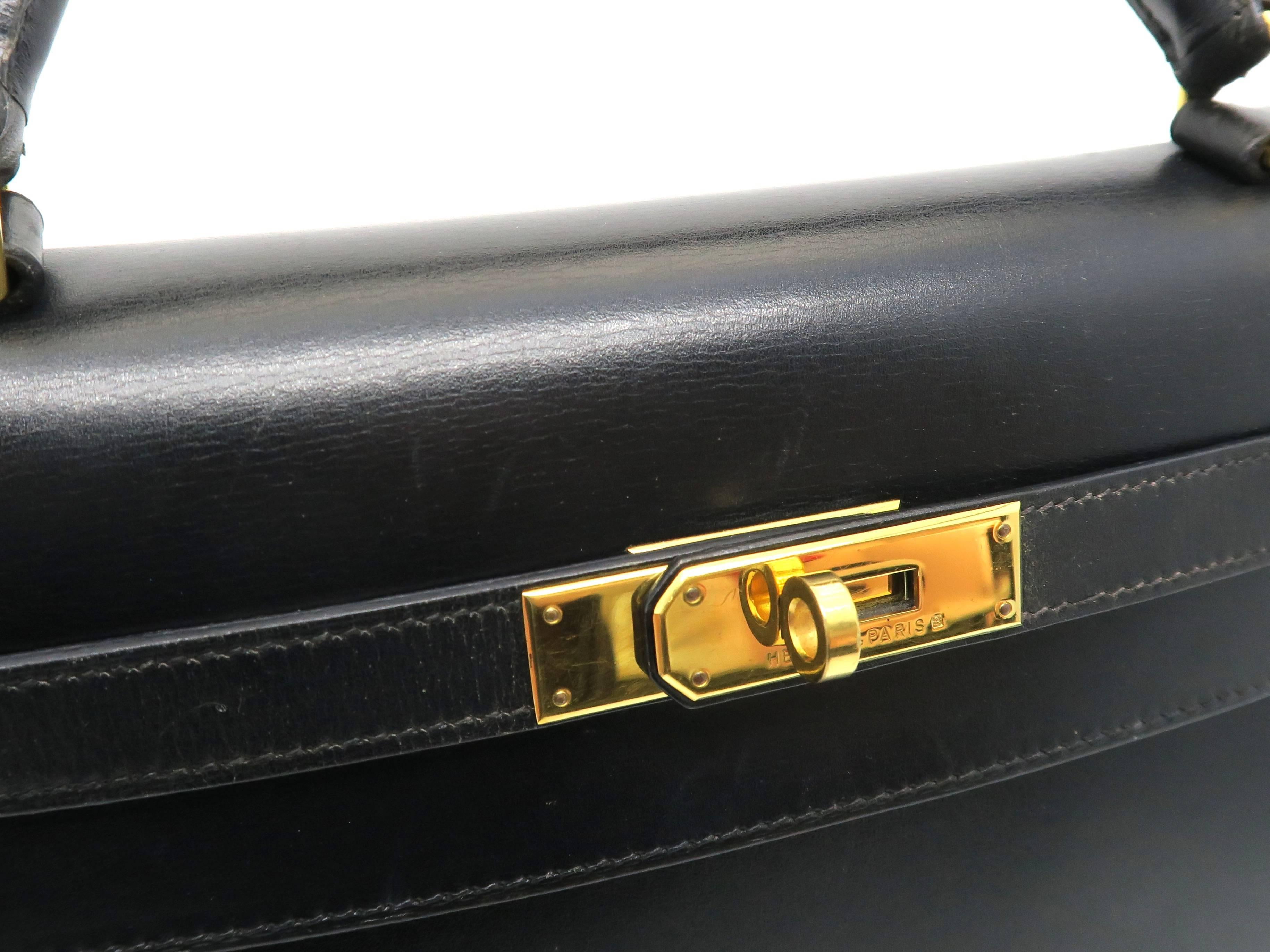 Women's Hermes Kelly 32 Noir Black Box Leather Gold Metal Top Handle Bag