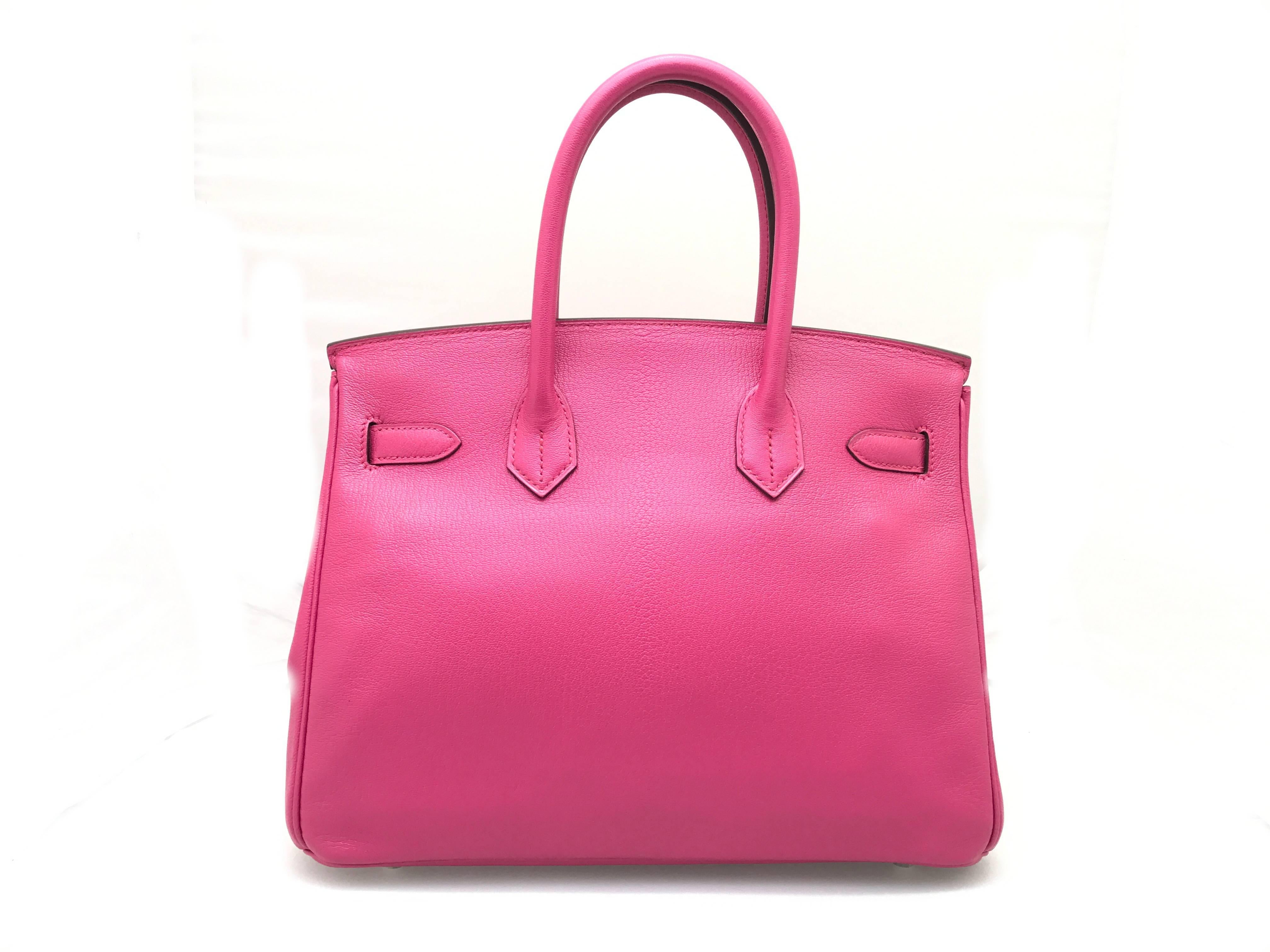 Hermes Birkin 30 Rose Tyrien Pink Chevre Leather Silver Metal Top Handle Bag In Excellent Condition In Kowloon, HK