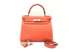 Hermes Kelly 28 Orange Poppy Clemence Leather Silver Metal Top Handle Bag