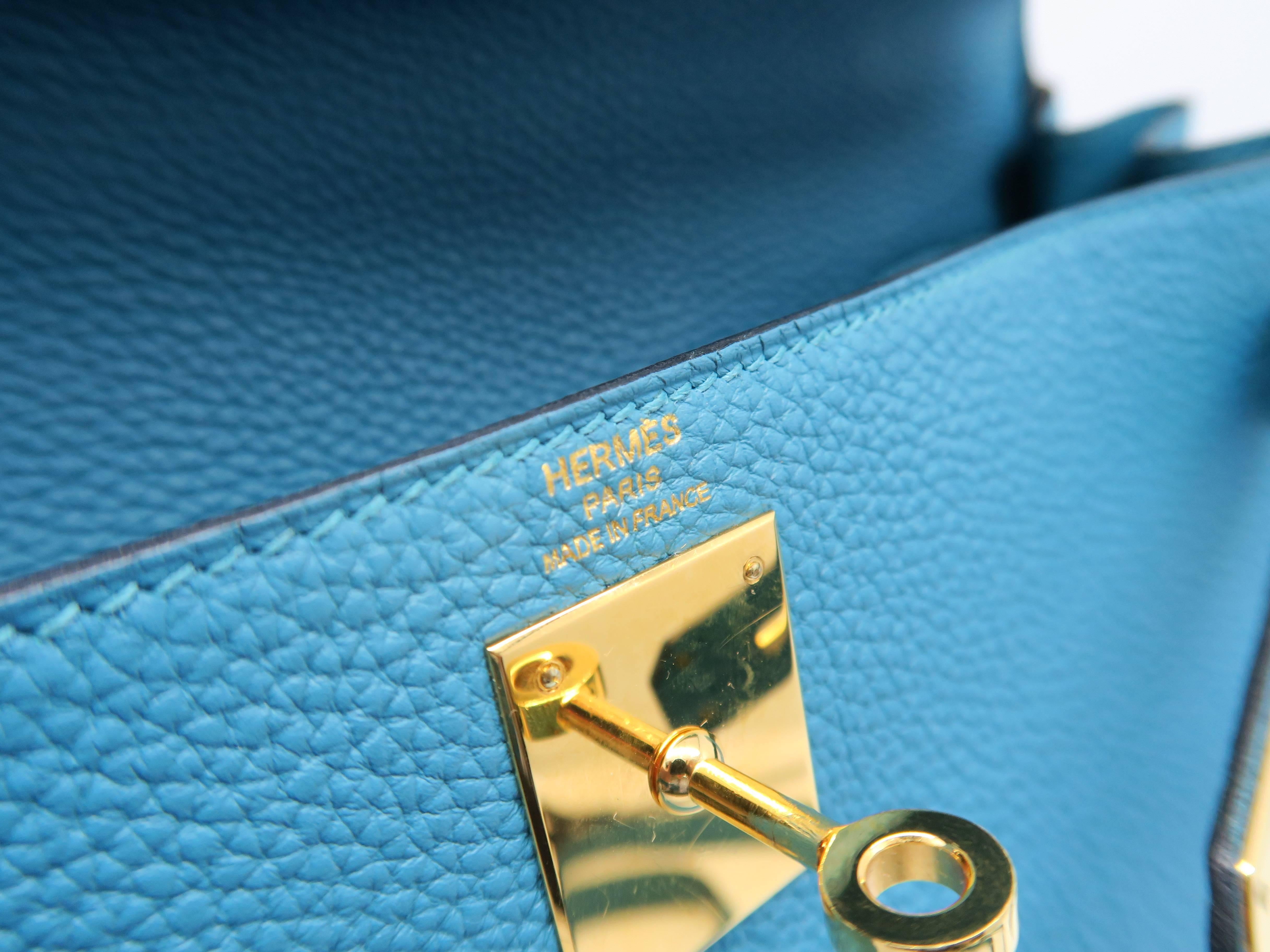 Women's Hermes Kelly 28 Turquoise Blue Togo Leather Gold Metal Top Handle Bag
