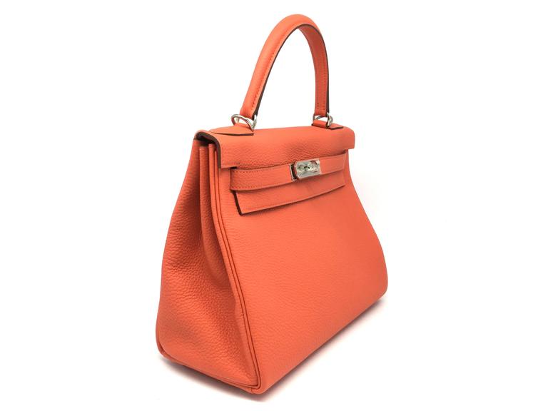 Hermes Kelly 28 Capucine Orange Togo Leather Silver Metal Top Handle ...