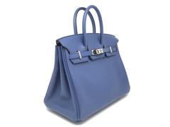 Hermes Birkin 25 Bleu Agate Blue Swift Leather Silver Metal Top Handle Bag
