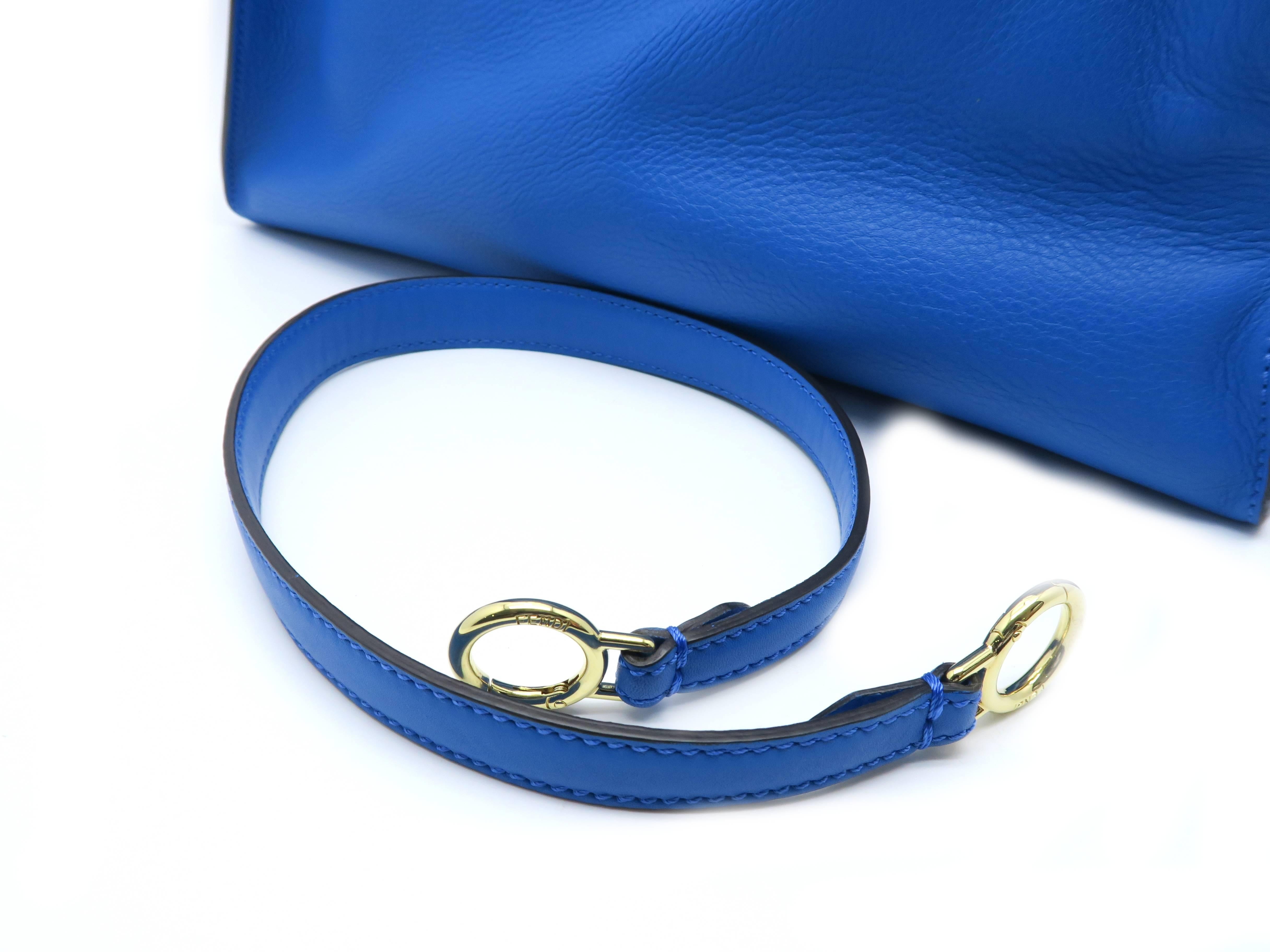 Women's Fendi Peekaboo Blue Calfskin Leather Gold Metal Top Handle Bag