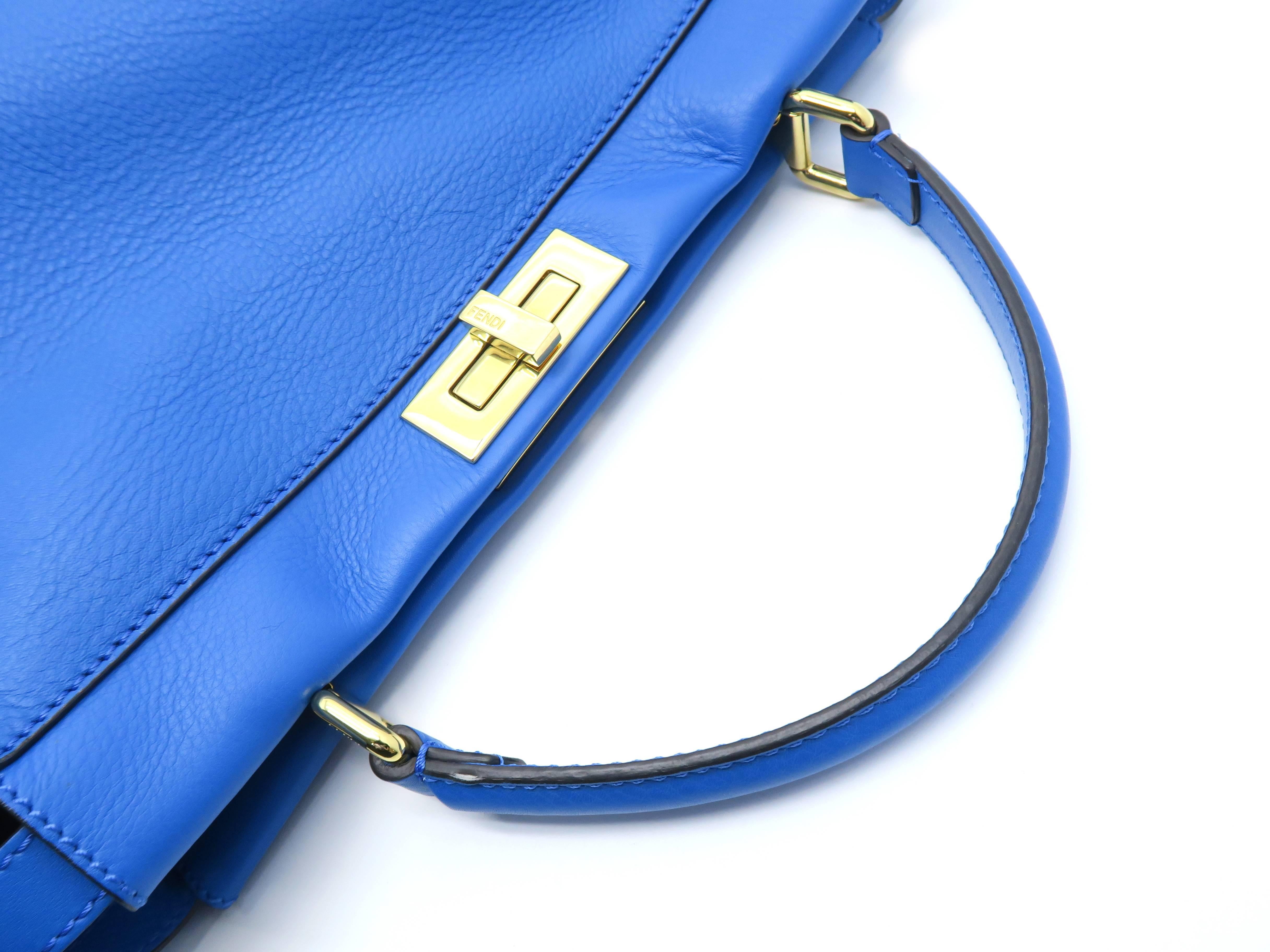 Fendi Peekaboo Blue Calfskin Leather Gold Metal Top Handle Bag 1