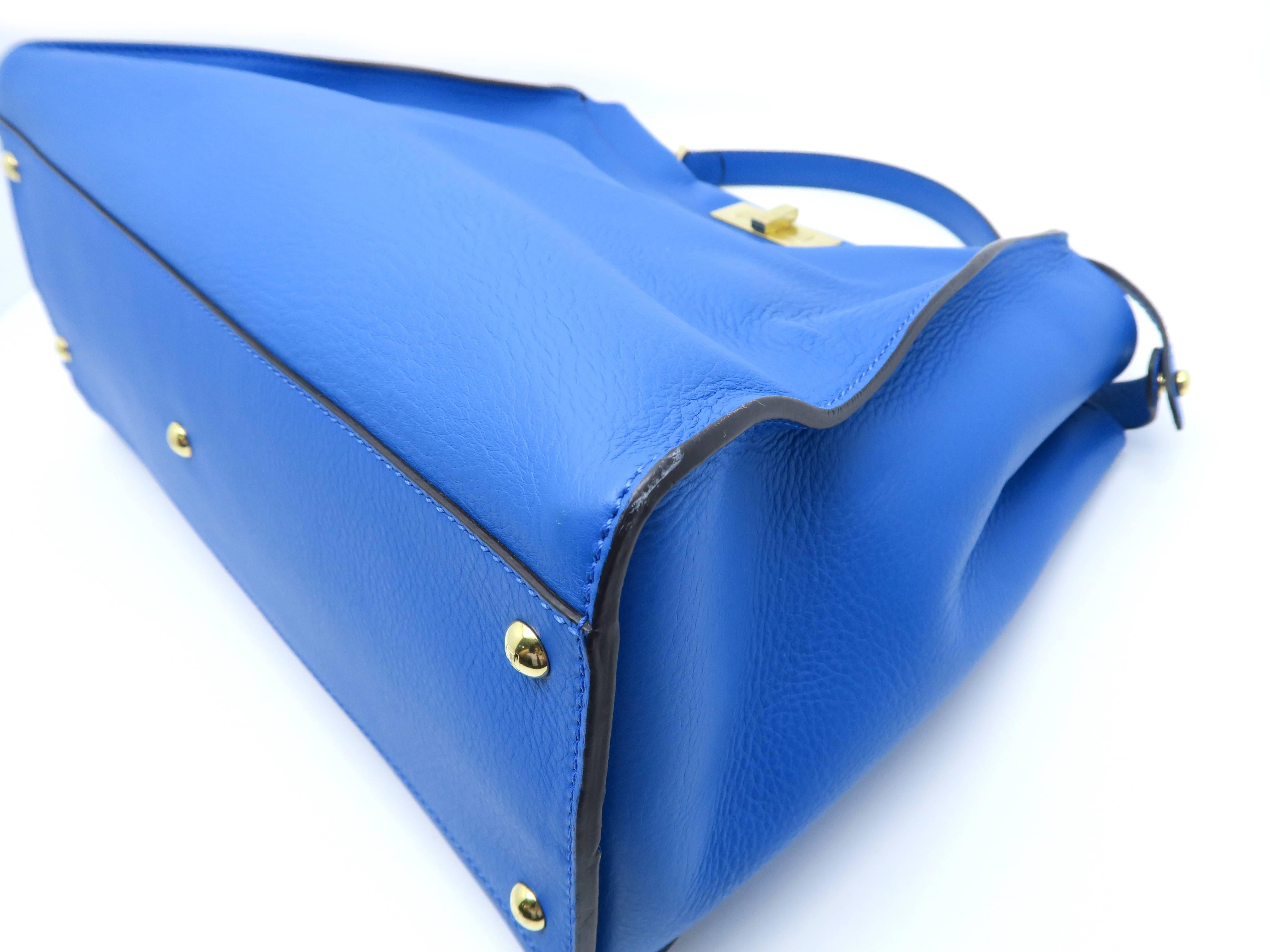 Fendi Peekaboo Blue Calfskin Leather Gold Metal Top Handle Bag 3