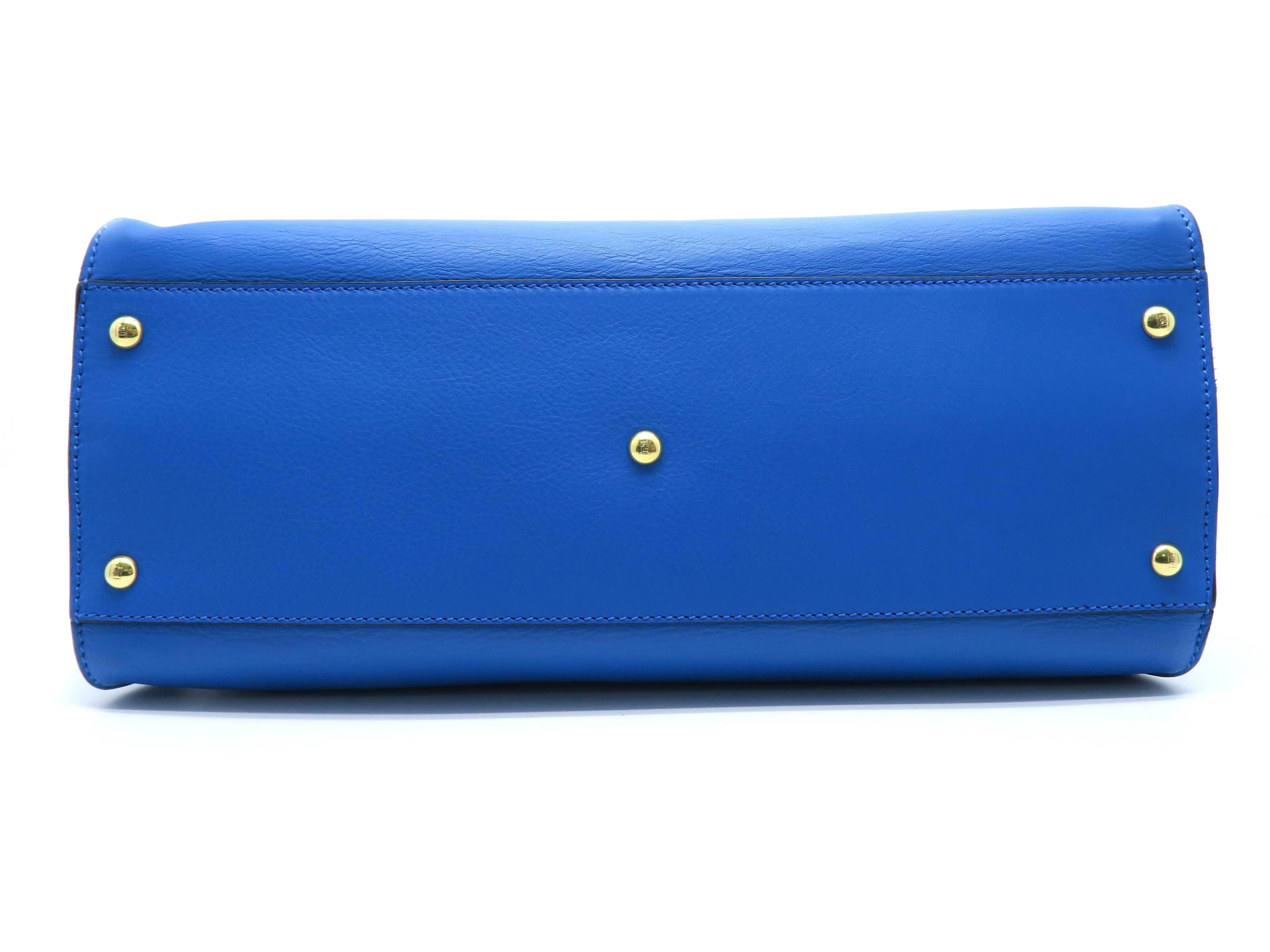 Fendi Peekaboo Blue Calfskin Leather Gold Metal Top Handle Bag 2
