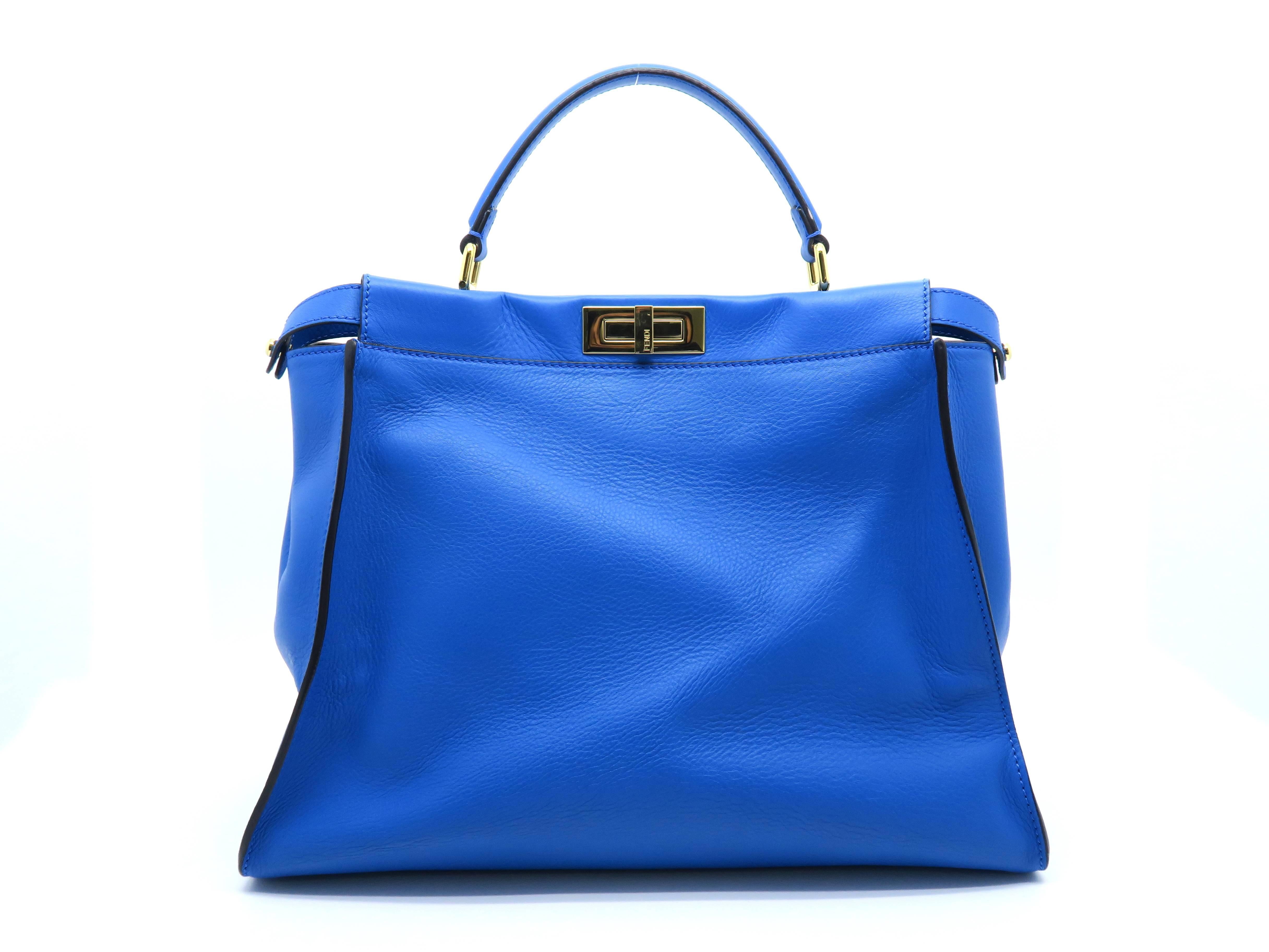 Fendi Peekaboo Blue Calfskin Leather Gold Metal Top Handle Bag In Excellent Condition In Kowloon, HK