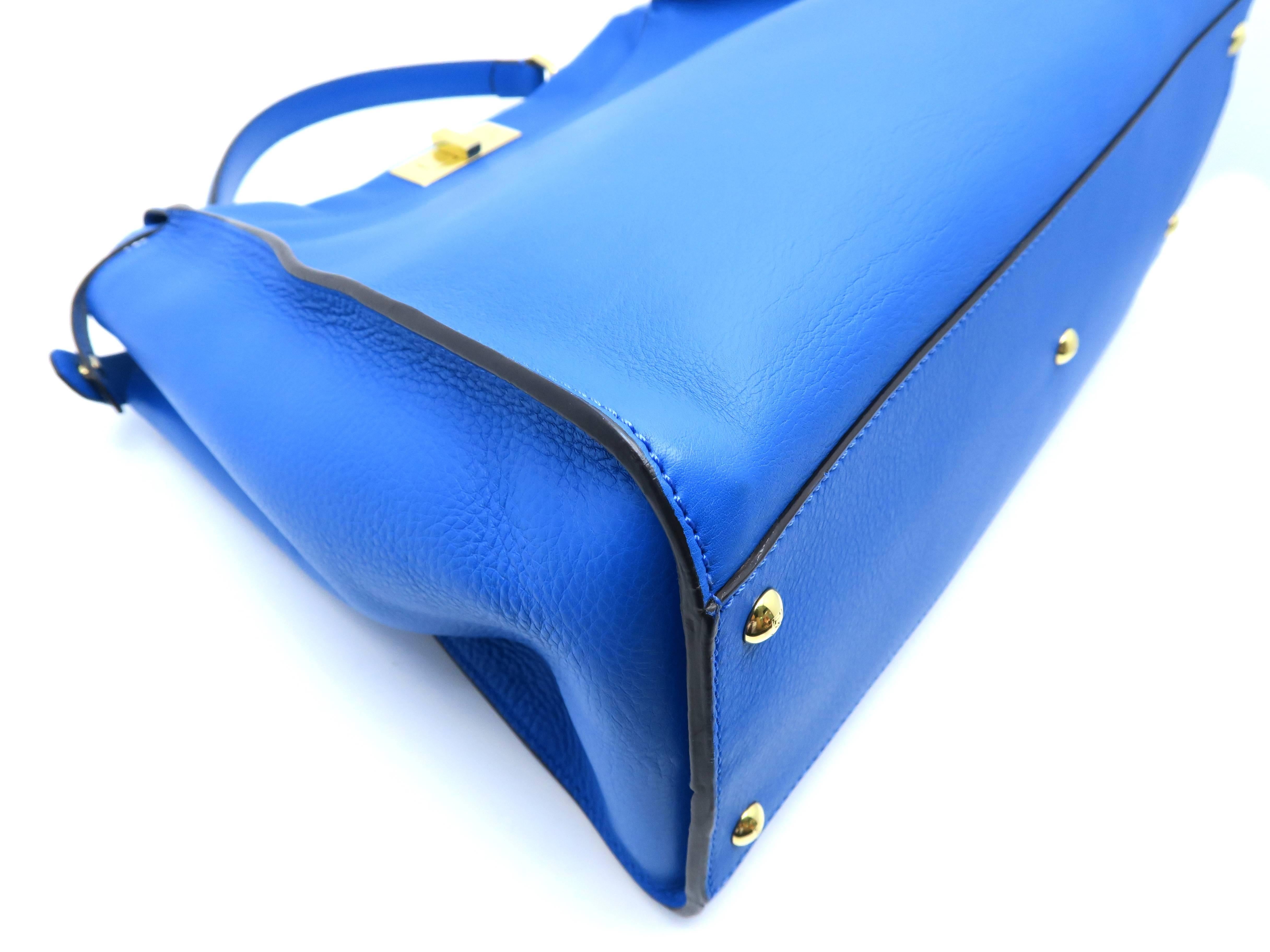 Fendi Peekaboo Blue Calfskin Leather Gold Metal Top Handle Bag 4