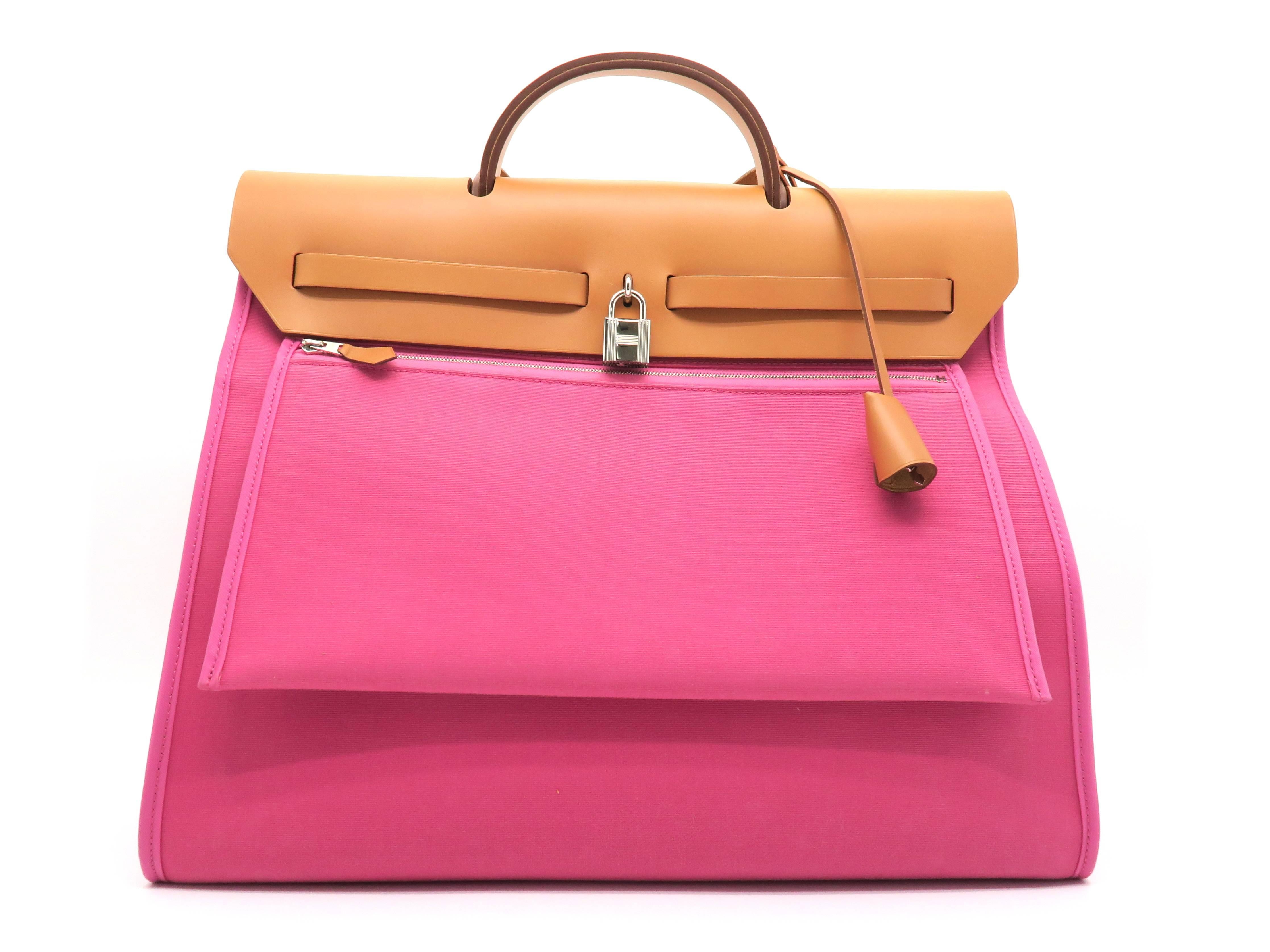 Hermes Herbag GM Pink Toile H Canvas Top Handle Bag In Excellent Condition In Kowloon, HK