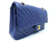 Chanel Chevron Blue Herringbone Quilted Lambskin Leather Gold Metal Flap Bag