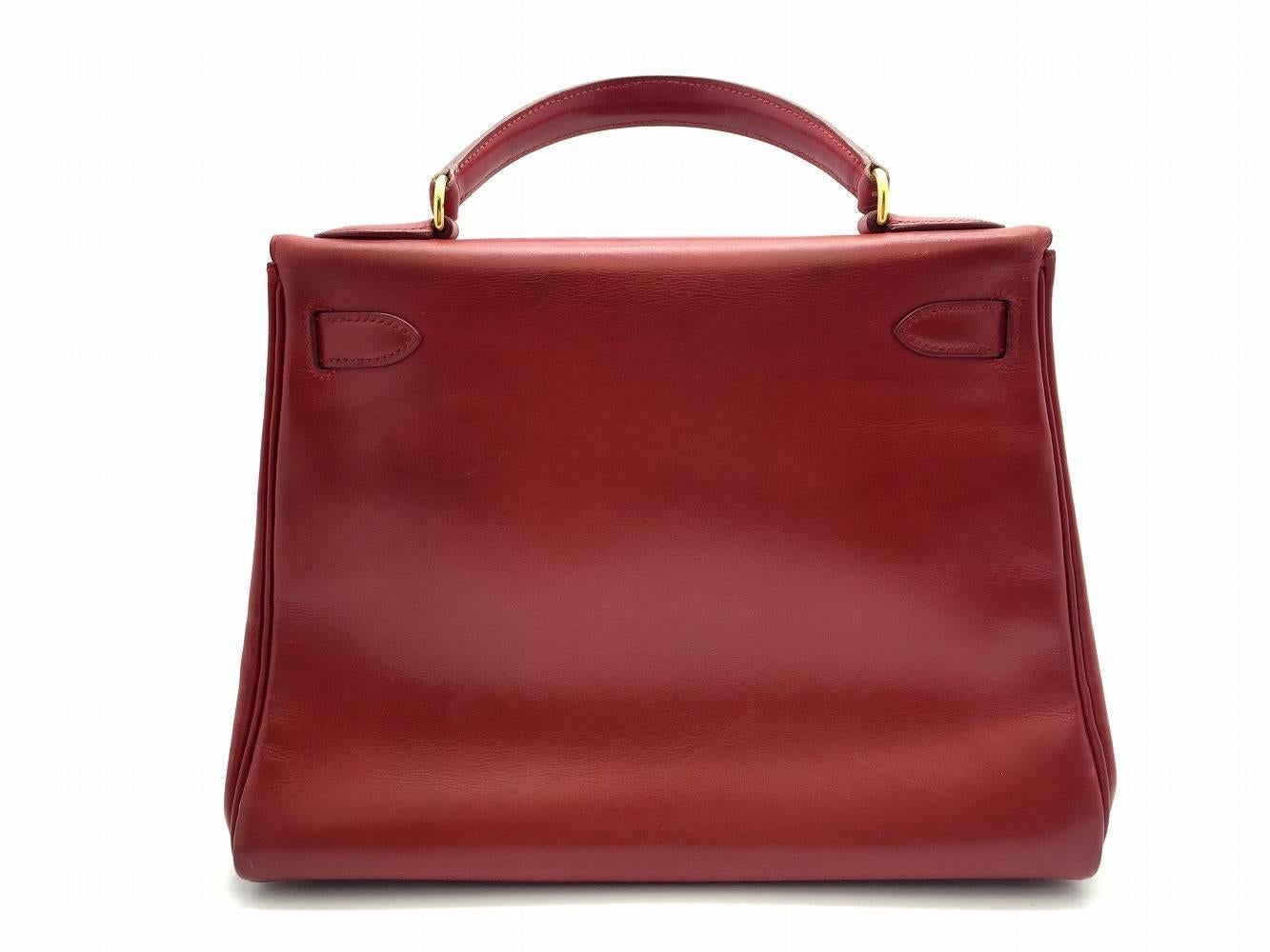 Brown Hermes Vintage Kelly 28 Rouge Garance Red Box Calf Leather Gold Metal Satchel For Sale