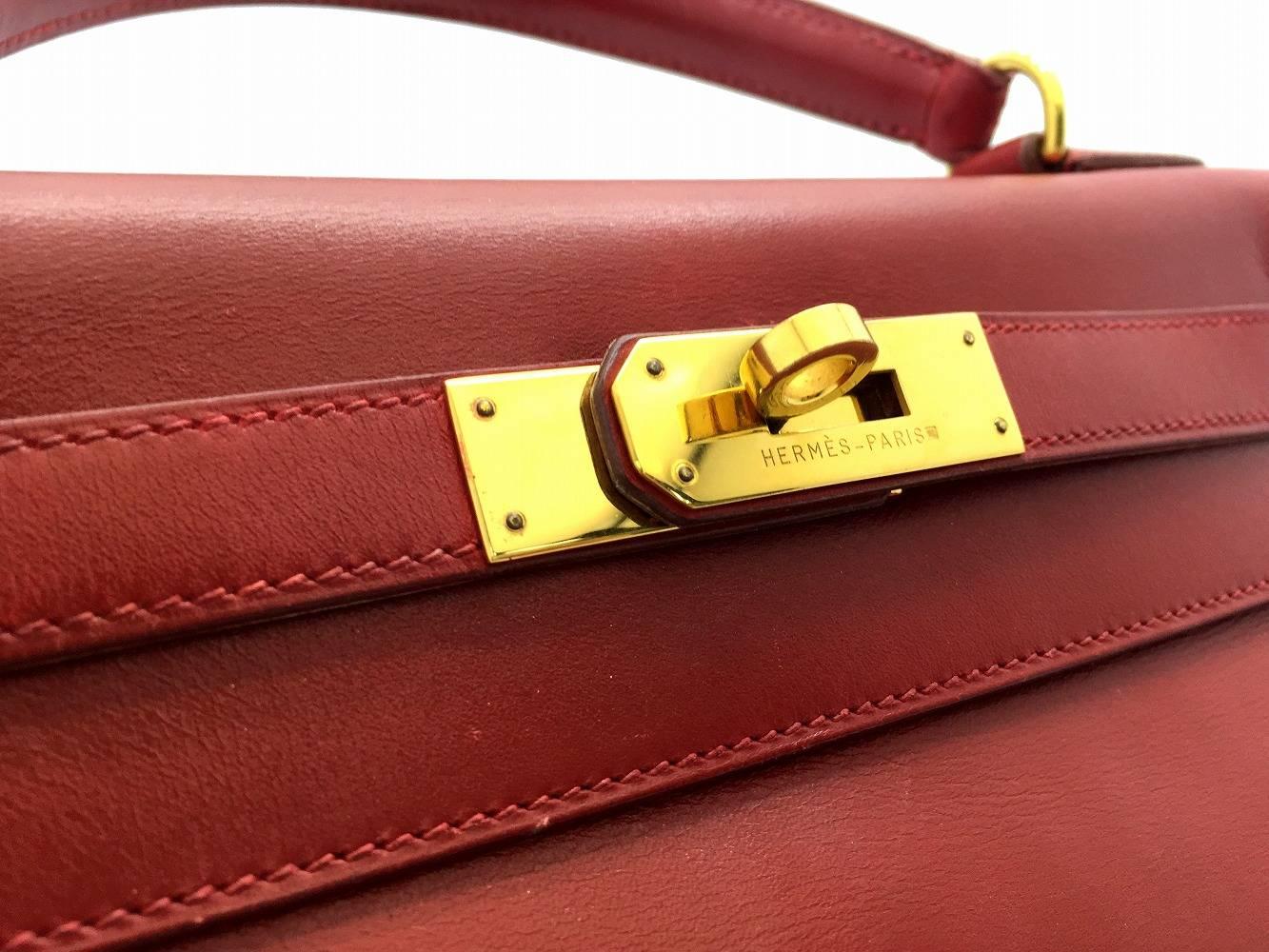 Hermes Vintage Kelly 28 Rouge Garance Red Box Calf Leather Gold Metal Satchel For Sale 3