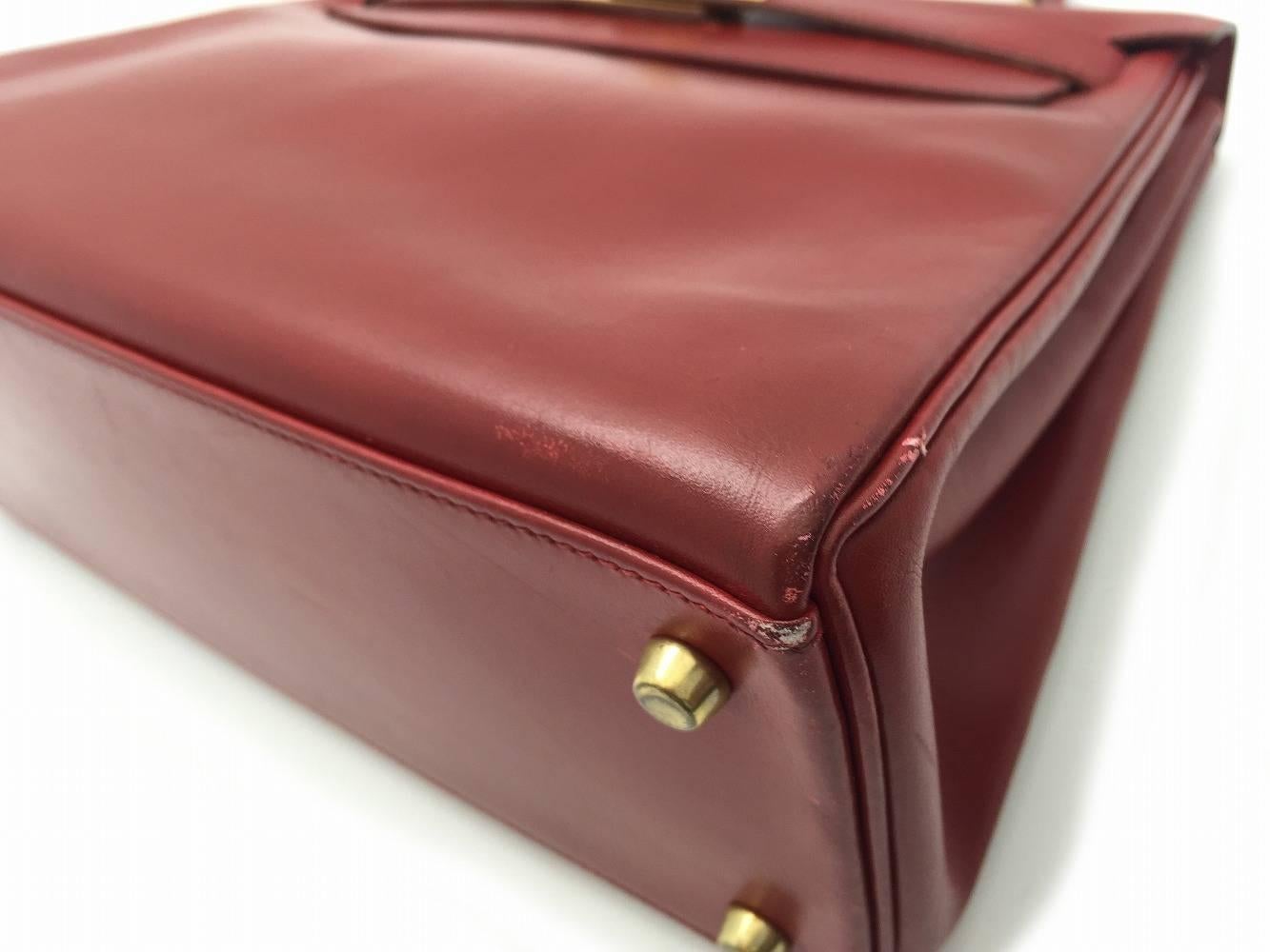 Hermes Vintage Kelly 28 Rouge Garance Red Box Calf Leather Gold Metal Satchel For Sale 5