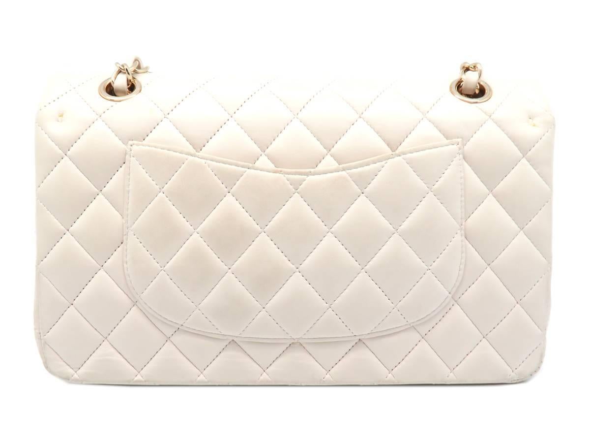 Beige Chanel Classic Double Flap White Quilted Lambskin Leather Gold Metal Handbag For Sale