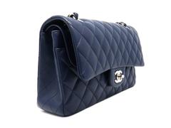Chanel Classic Double Flap Blue Quilted Lambskin Leather Silver Metal Handbag