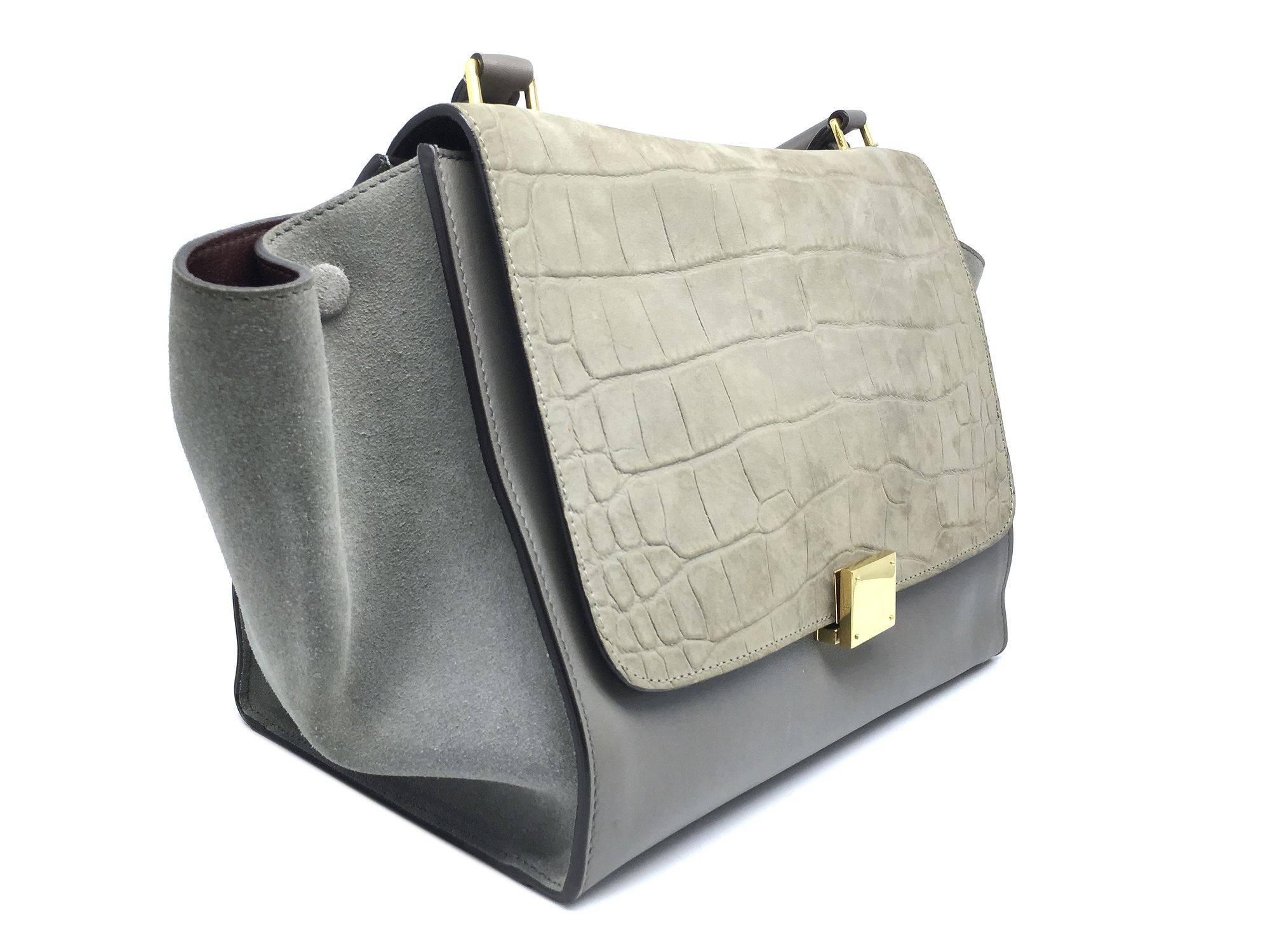 Gray Celine Trapeze Grey Calfskin and Suede Leather Gold Metal Top Handle Bag