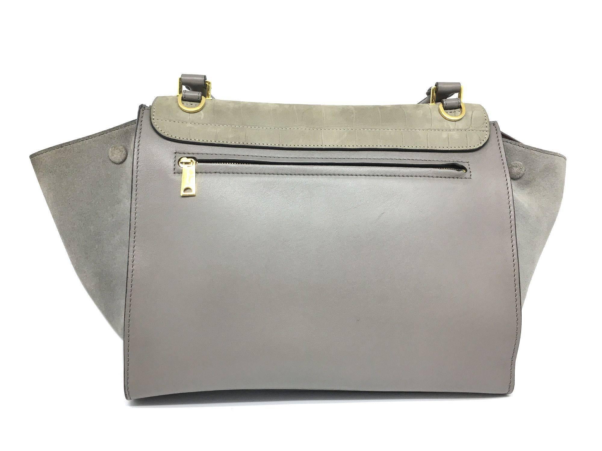 Celine Trapeze Grey Calfskin and Suede Leather Gold Metal Top Handle Bag In Excellent Condition In Kowloon, HK