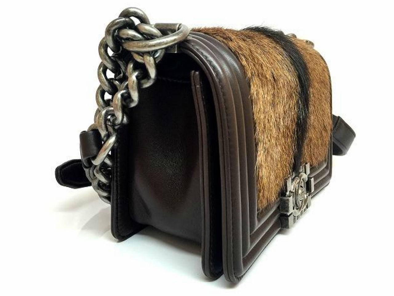 Black Chanel Boy Flap Brown Pony Hair Calfskin Leather Silver Metal Chain Shoulder Bag