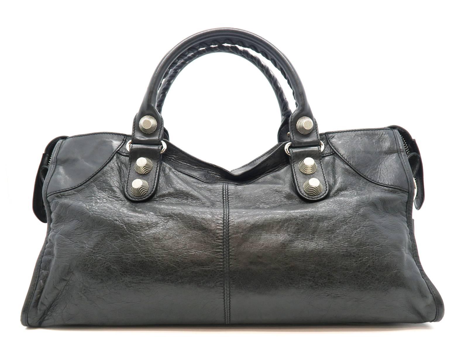 Balenciaga Black Lambskin Leather Silver Metal Satchel Bag In Excellent Condition In Kowloon, HK