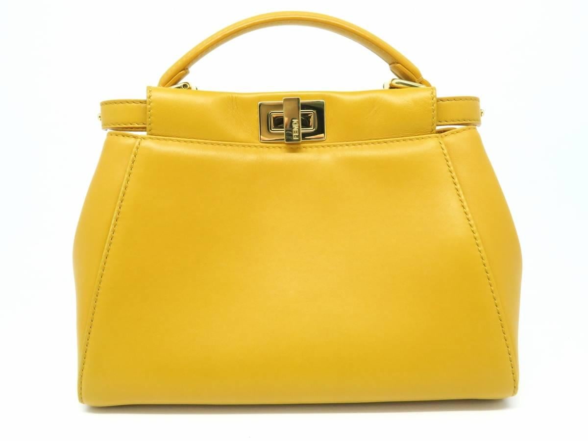 Women's Fendi Peekaboo Yellow Lambskin Leather Gold Metal Top Handle Bag