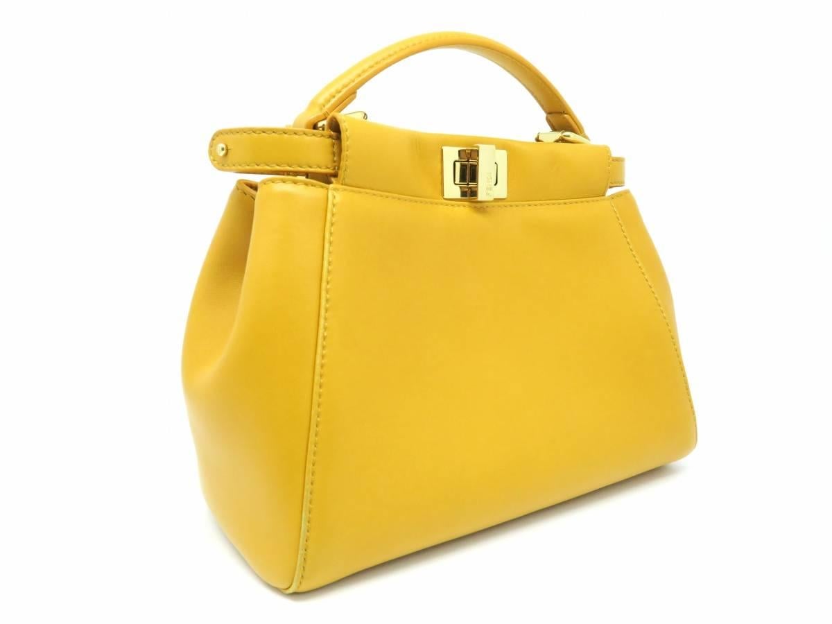 Fendi Peekaboo Yellow Lambskin Leather Gold Metal Top Handle Bag In Good Condition In Kowloon, HK