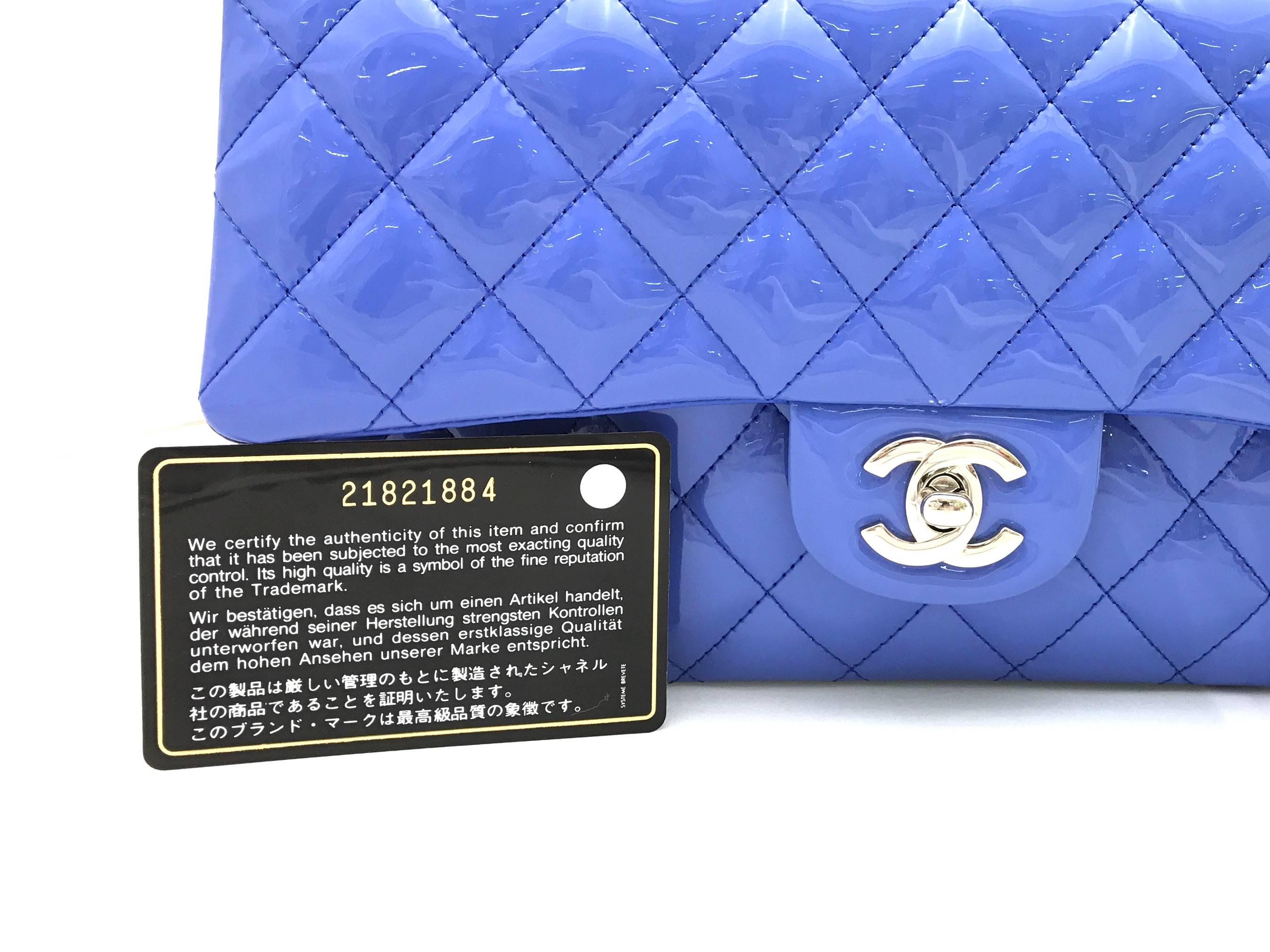 Chanel Classic Double Flap Blue Quilting Patent Silver Metal Shoulder Bag 6