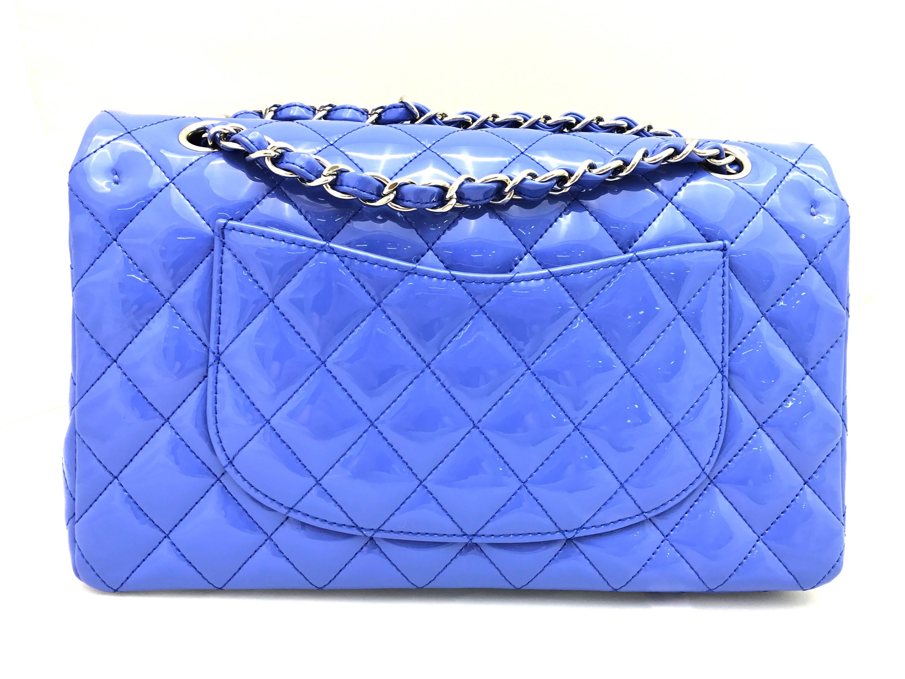 Chanel Classic Double Flap Blue Quilting Patent Silver Metal Shoulder Bag In Excellent Condition In Kowloon, HK