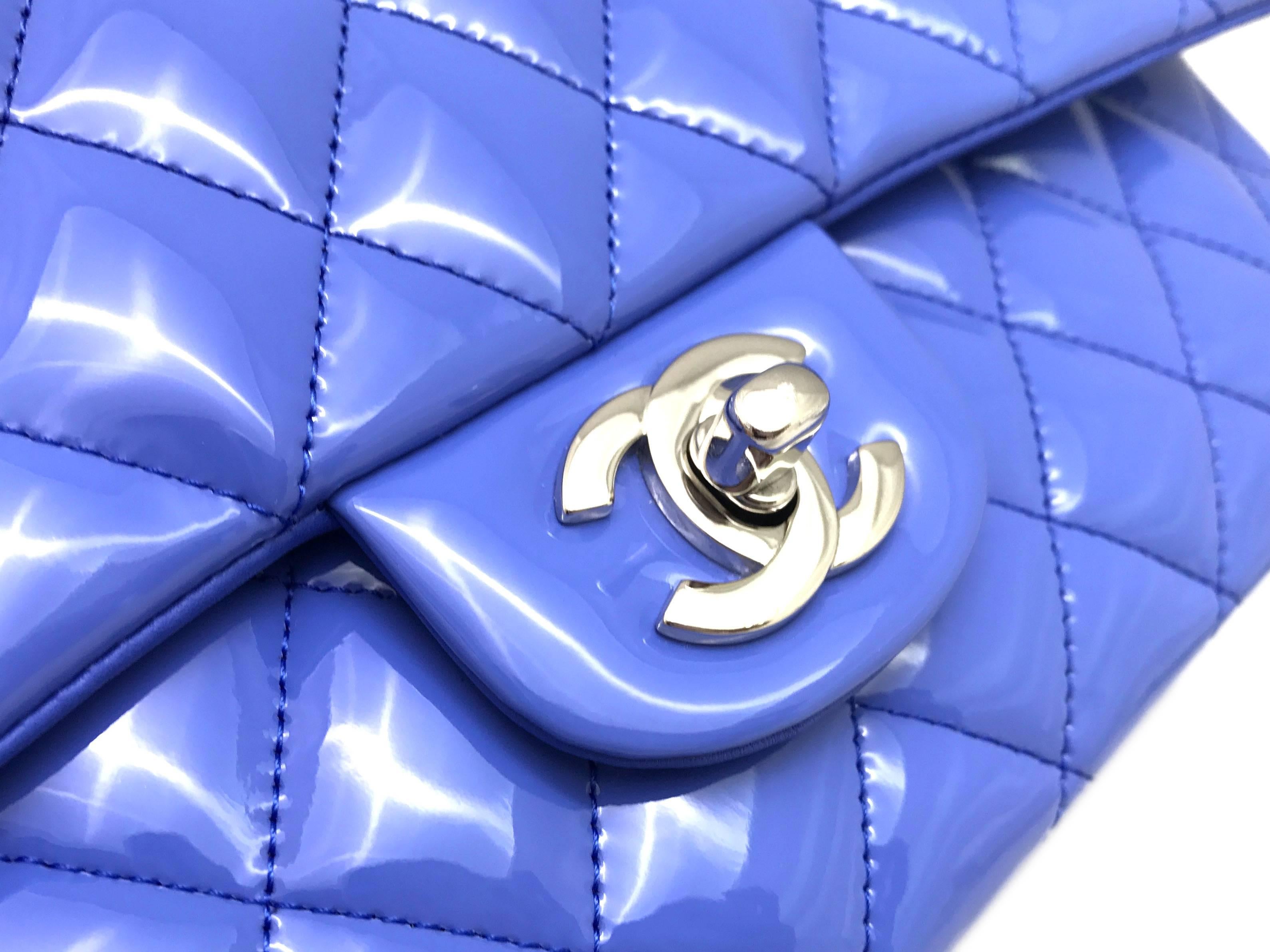 Chanel Classic Double Flap Blue Quilting Patent Silver Metal Shoulder Bag 2