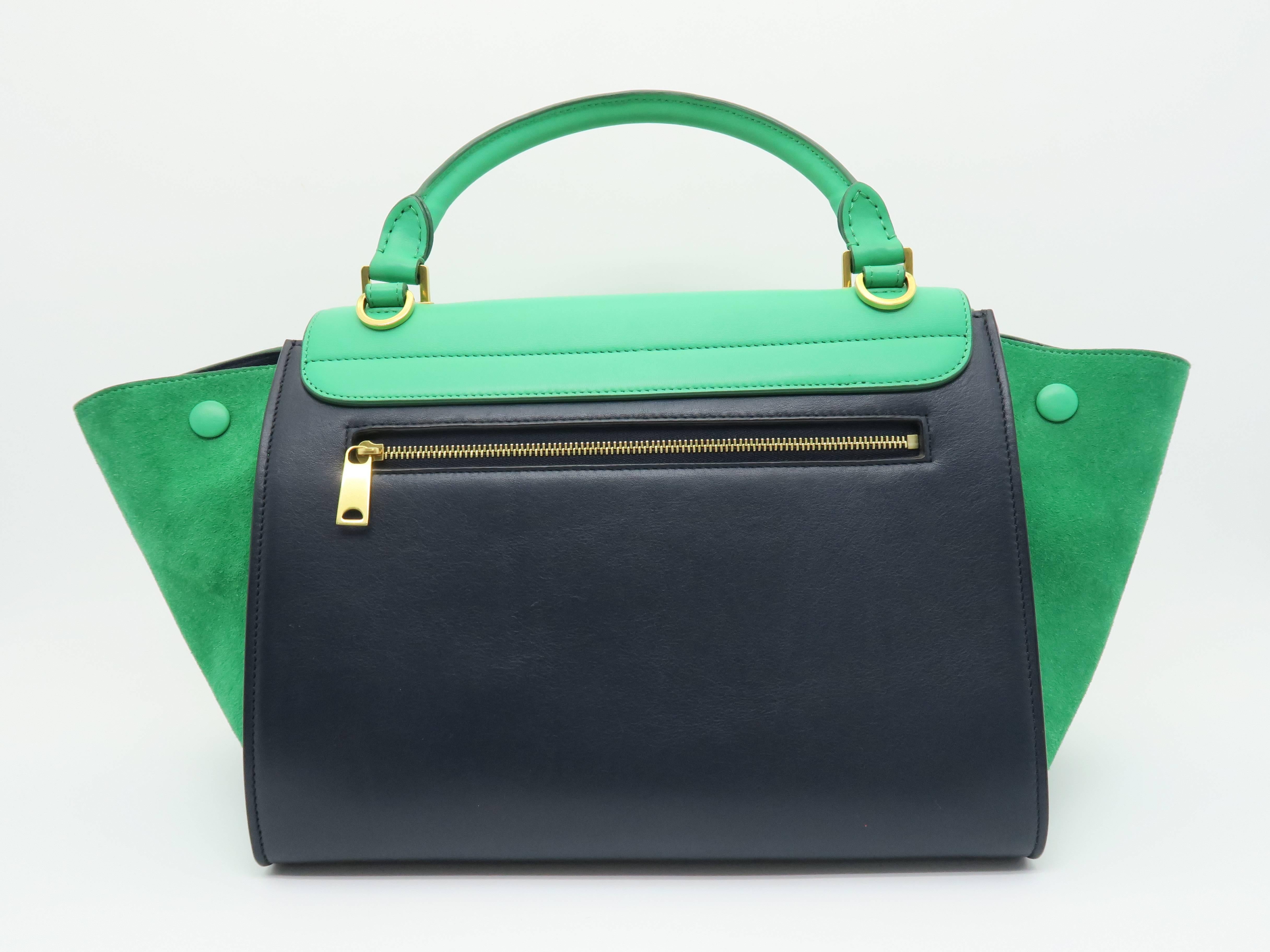 Celine Trapeze Navy Blue/ Green Calfskin/ Suede Leather Satchel Bag In Excellent Condition In Kowloon, HK