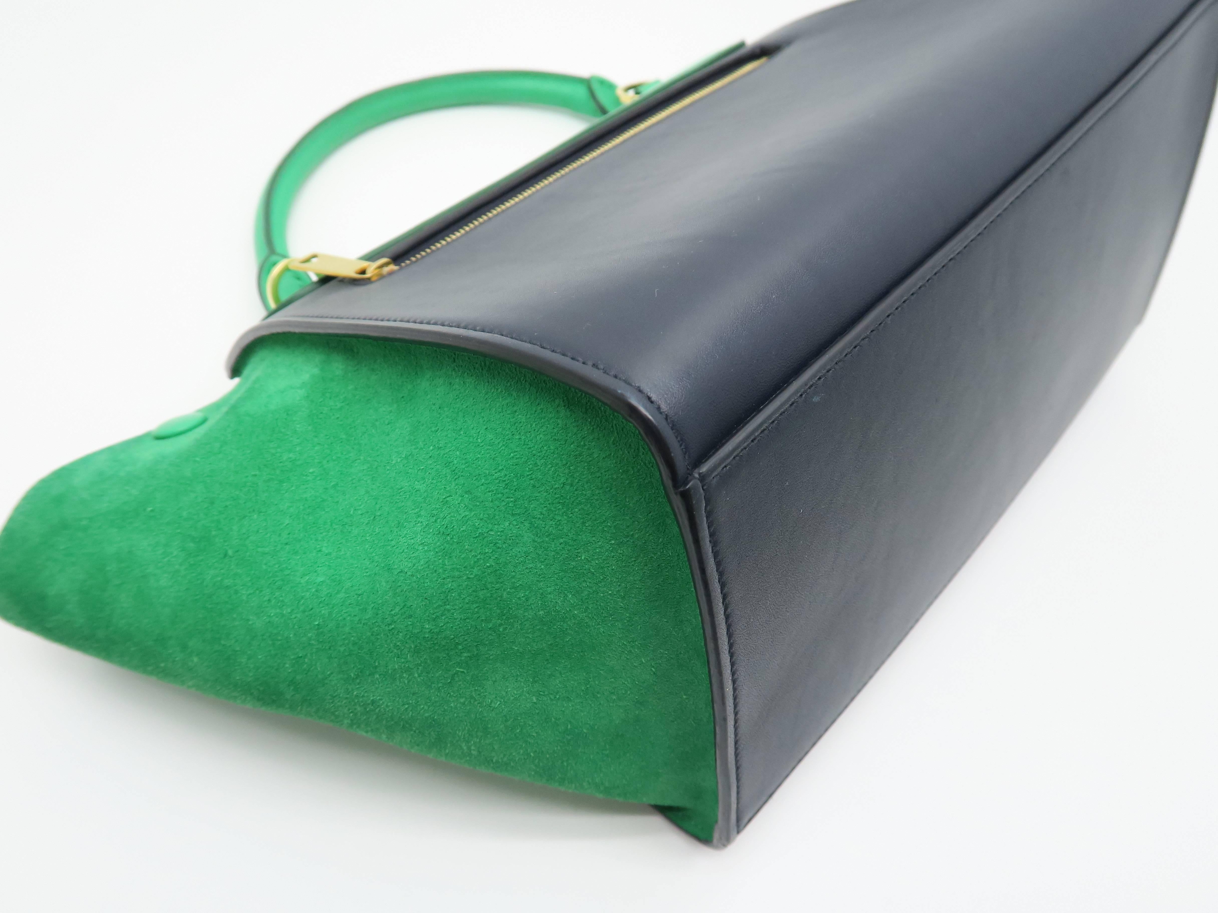 Celine Trapeze Navy Blue/ Green Calfskin/ Suede Leather Satchel Bag 3
