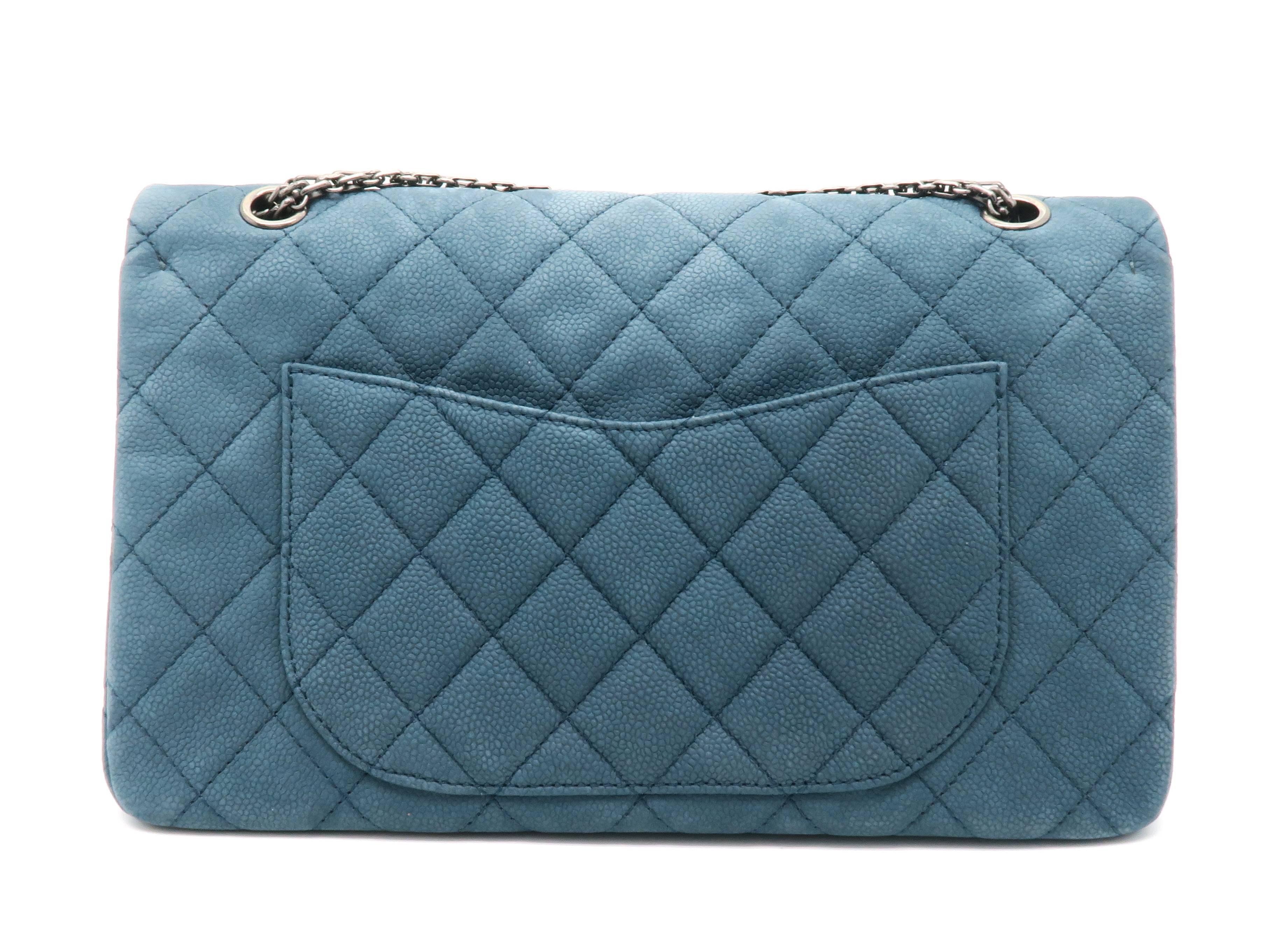 Chanel 2.55 Flap Blue Quilting Caviar Leather Silver Metal Shoulder Bag In Excellent Condition In Kowloon, HK